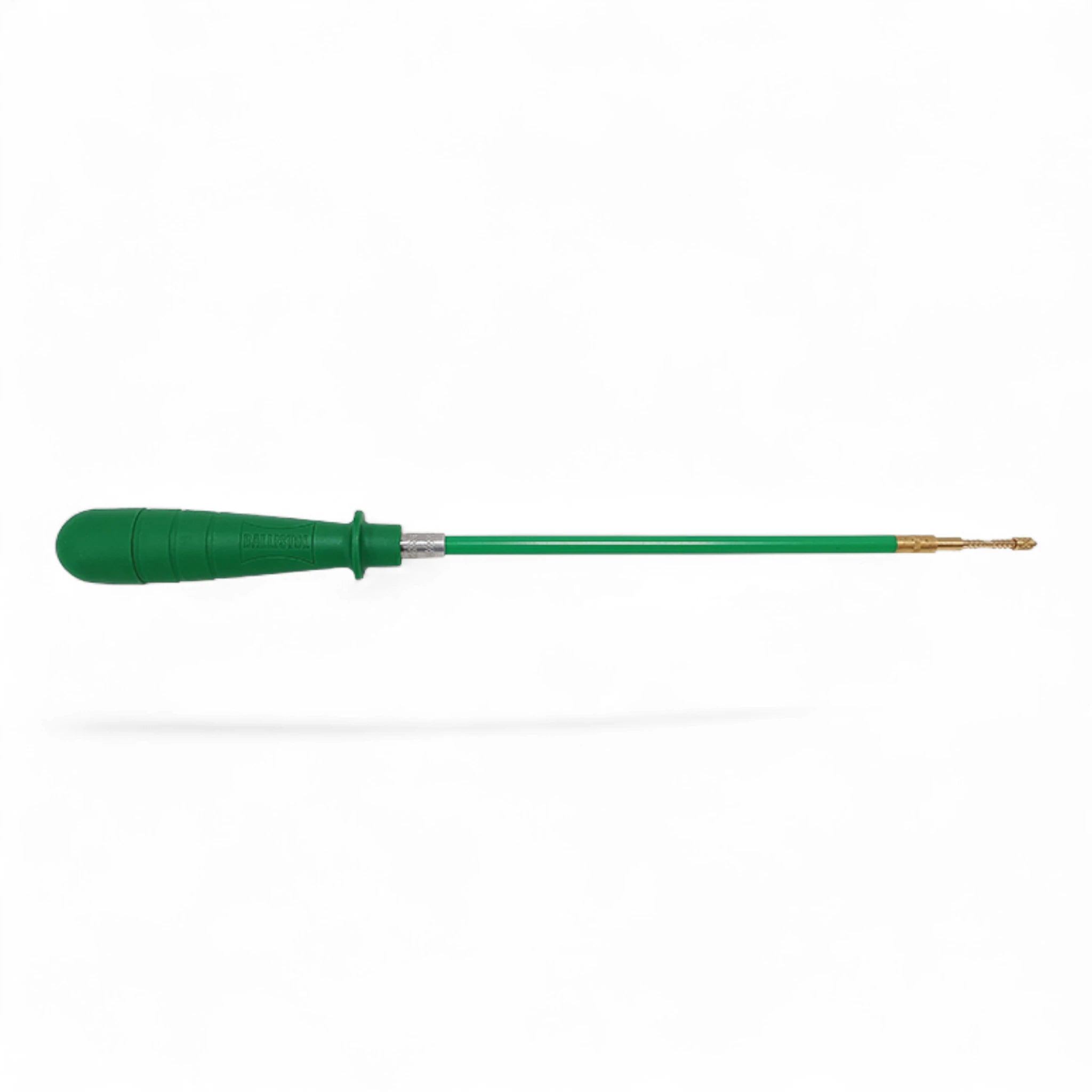Grüner Reinigungsstab mit Kunststoffgriff und dünner Messingbürste, Länge etwa 22 cm.