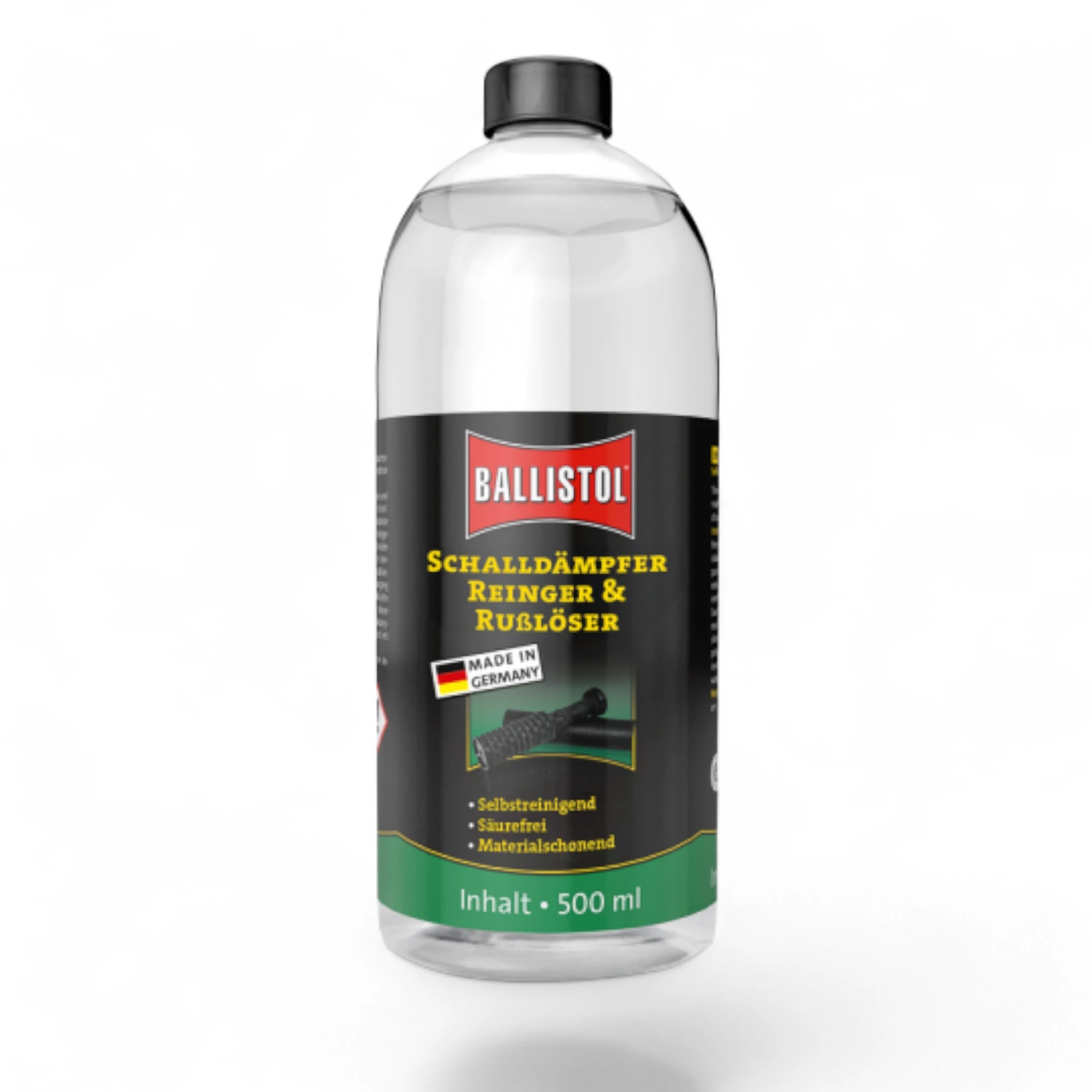 Transparente 500 ml Kunststoffflasche Ballistol Schalldämpfer-Reiniger & Rußlöser mit schwarzem Schraubverschluss und grünem .