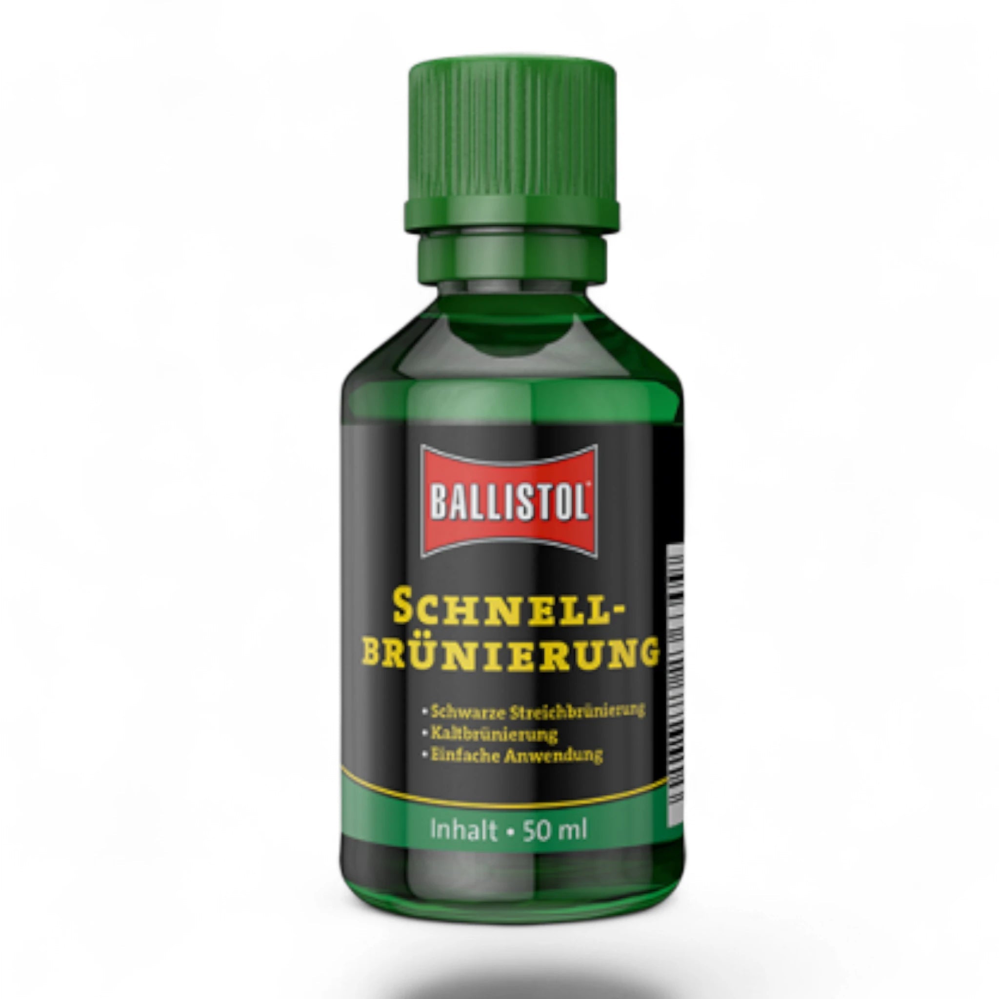 Grüne 50-ml-Flasche Ballistol Schnellbrünierung mit grünem Schraubverschluss und gelb-rot-weißem Etikett.