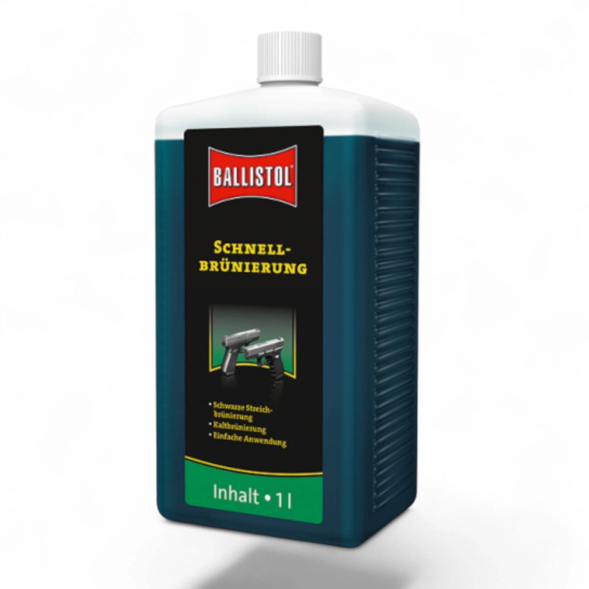 Ballistol Schnellbrünierung Flasche 1 Liter mit schwarzem und grünem Etikett, weißem Schraubverschluss und rechteckiger Form.