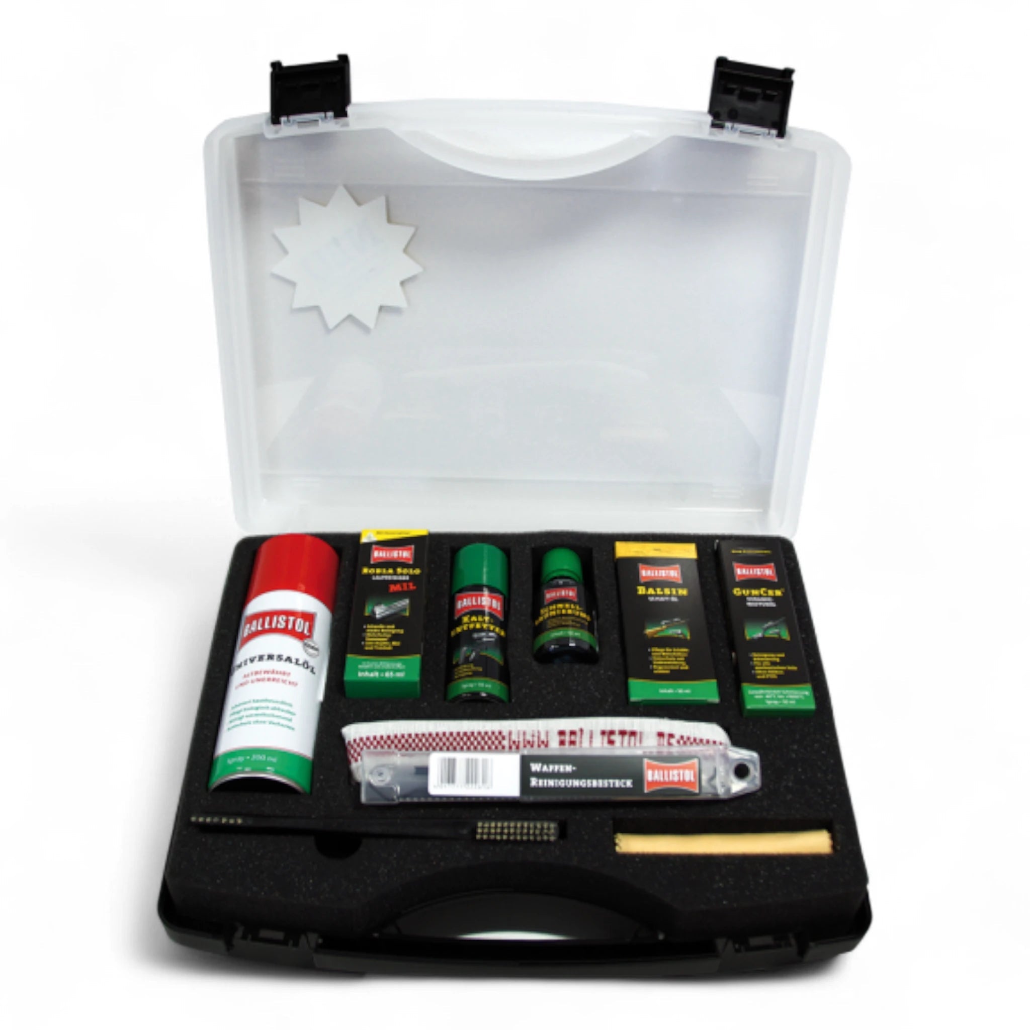 Offenes schwarzes Kunststoff-Etui mit Schaumstoffeinlage, enthält Ballistol Waffenpflege-Spray, Reinigungsflüssigkeiten,.