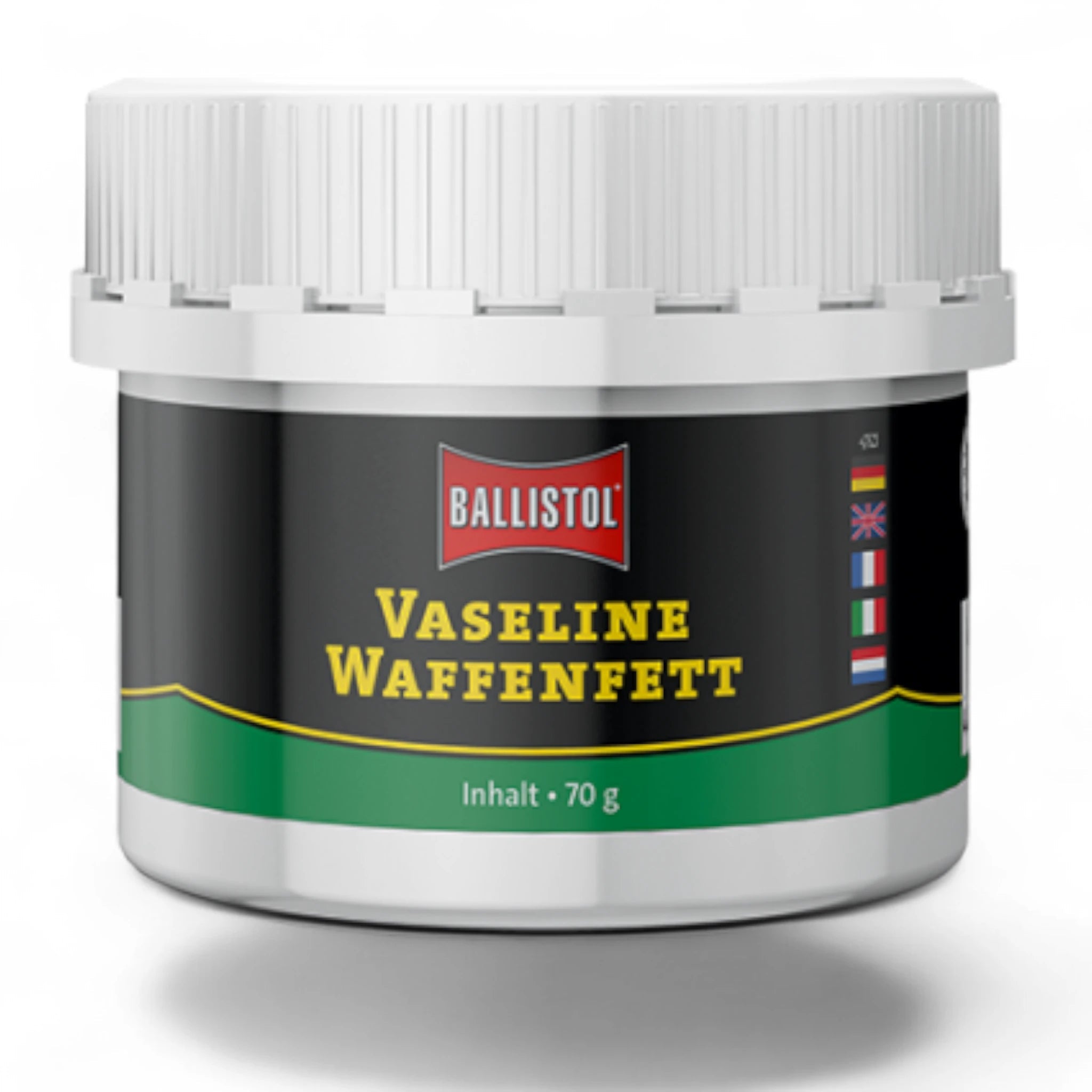 Weißer Kunststoffbehälter mit grünem Etikett, Ballistol-Logo und gelber Aufschrift "Vaseline Waffenfett".