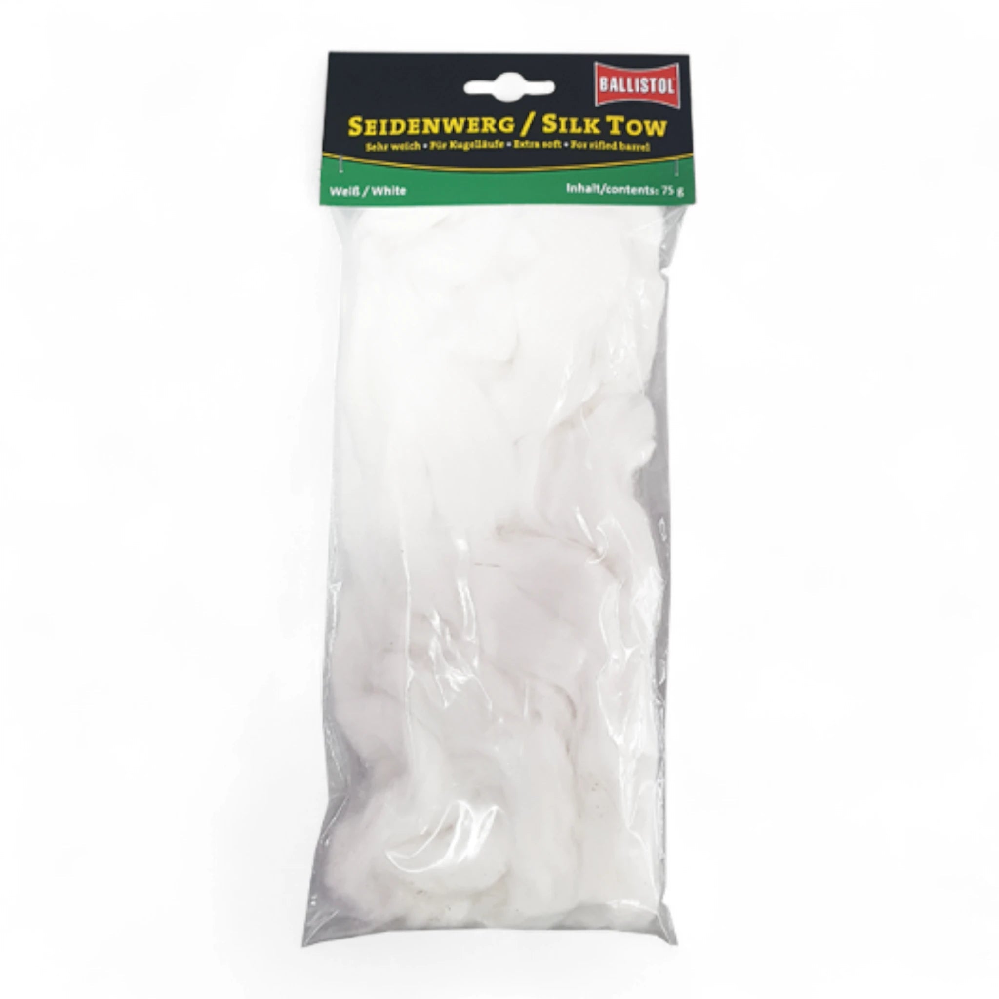 Transparente Kunststoffverpackung mit weißem Ballistol Seidenwerg, schwarzer und grüner Kartonkopf mit gelbem Schriftzug.