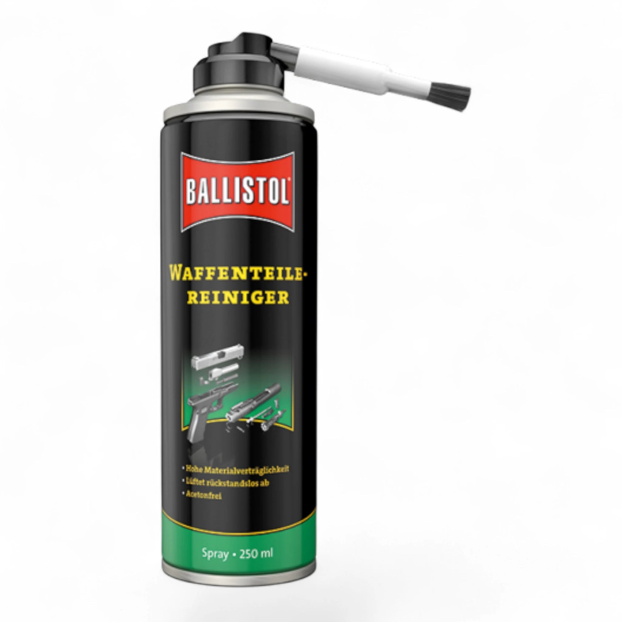 Ballistol Waffenteile-Reiniger Spraydose mit schwarzem Körper, rotem Etikett und grauem Sprühkopf, 250 ml Inhalt, mit.
