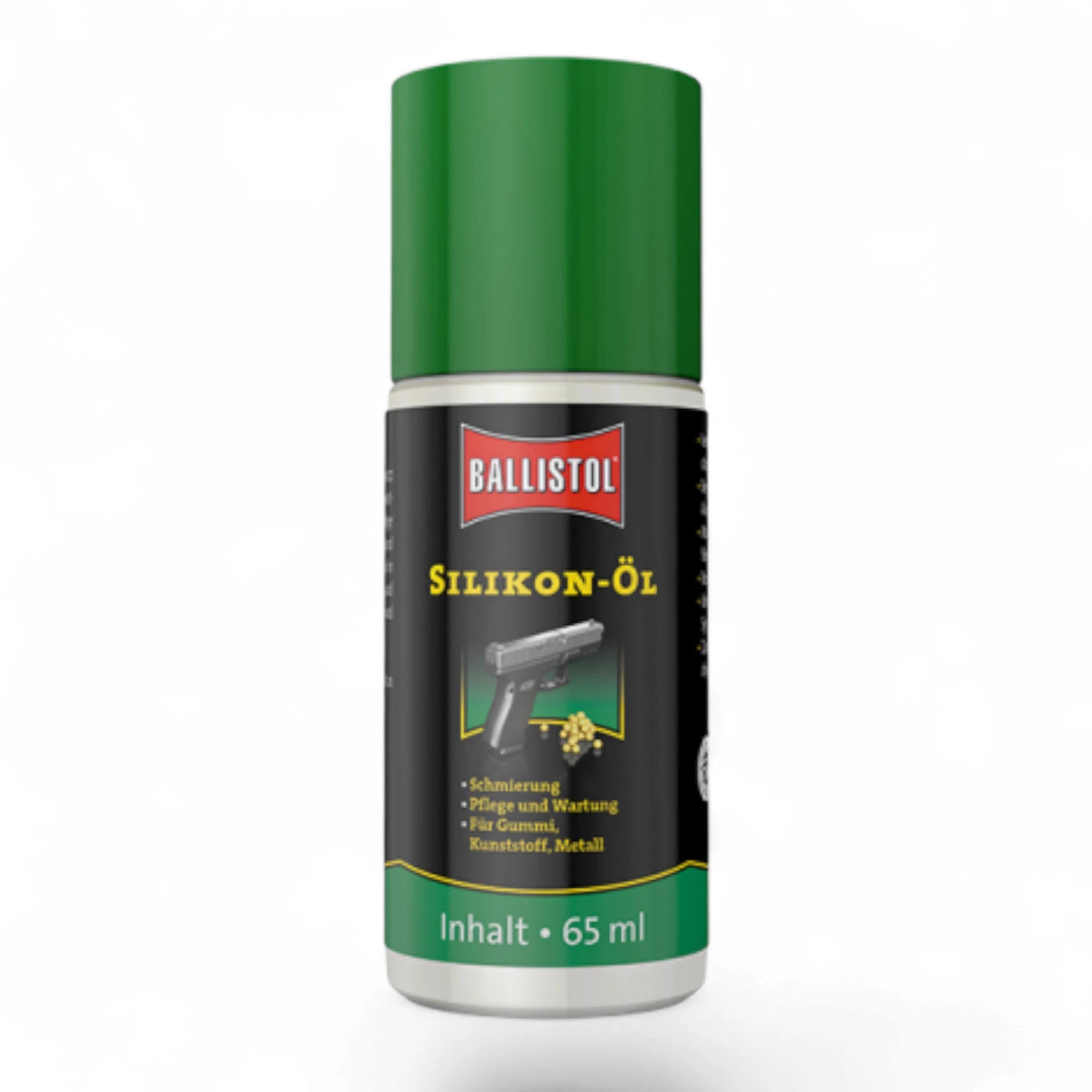 Kleine Dose Ballistol Silikonöl mit grünem Deckel und schwarzem Etikett, 65 ml Inhalt, für Waffenpflege.