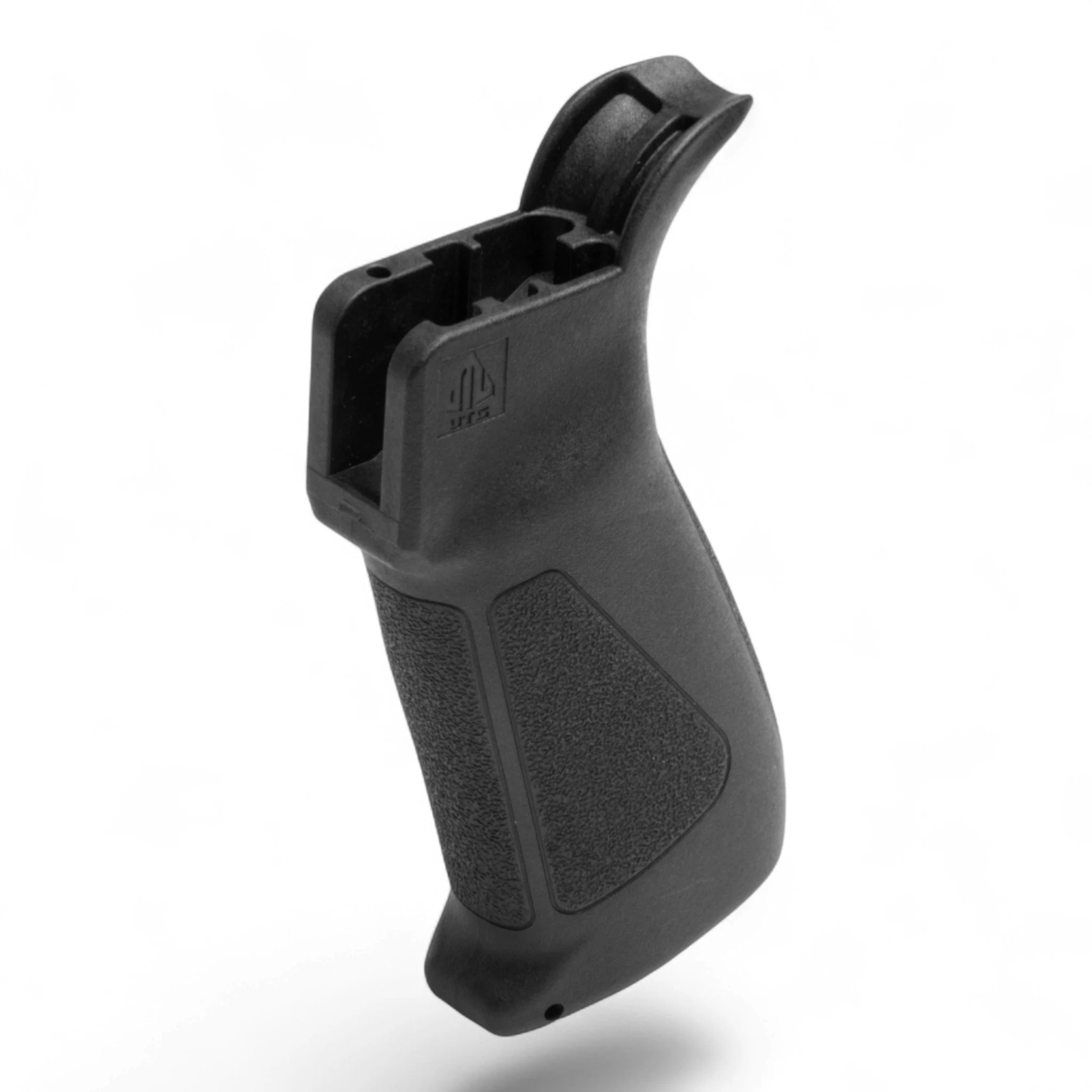 Schlanker schwarzer Pistolengriff aus Polymer mit leichtem Rutschschutz und integriertem Staufach, ergonomisches Design mit.