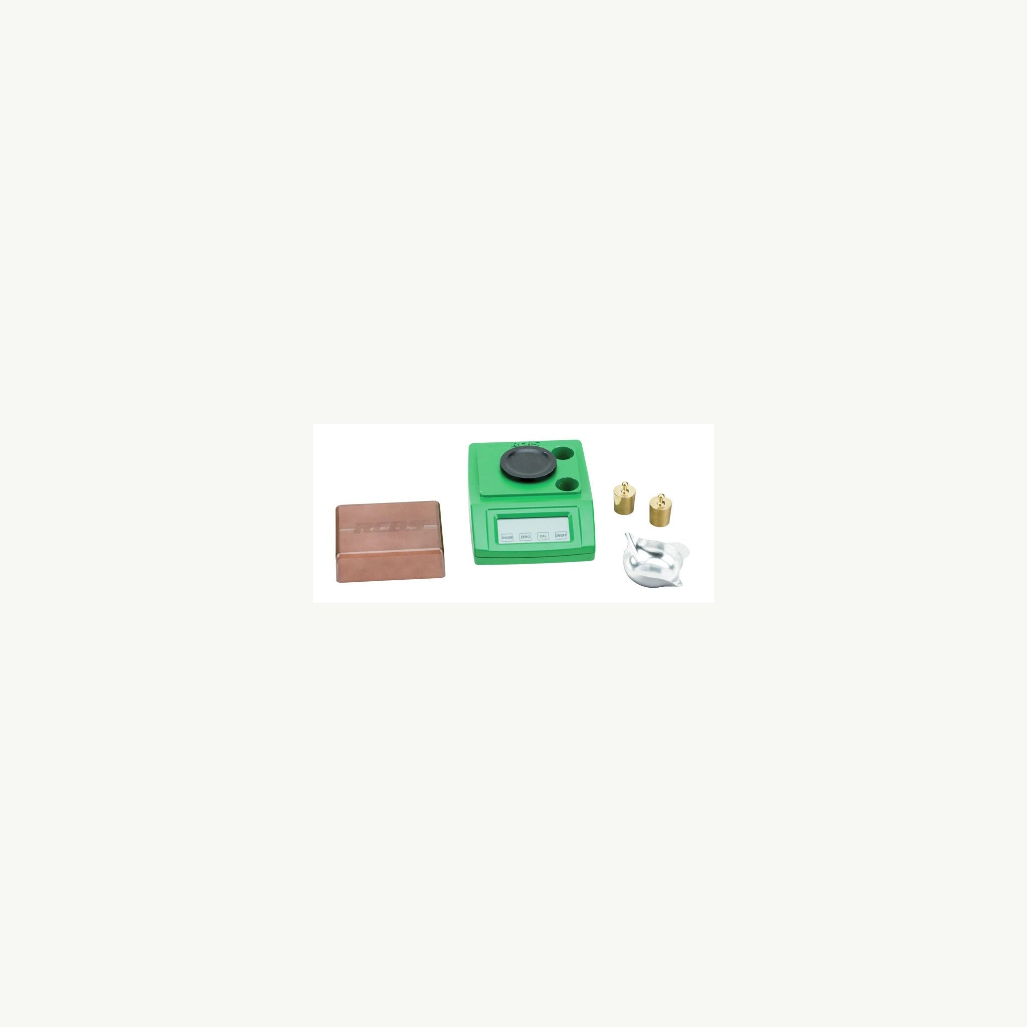 RCBS RangeMaster 2000 mit Waagschale, Abdeckung und zwei 50-g-Kalibriergewichten