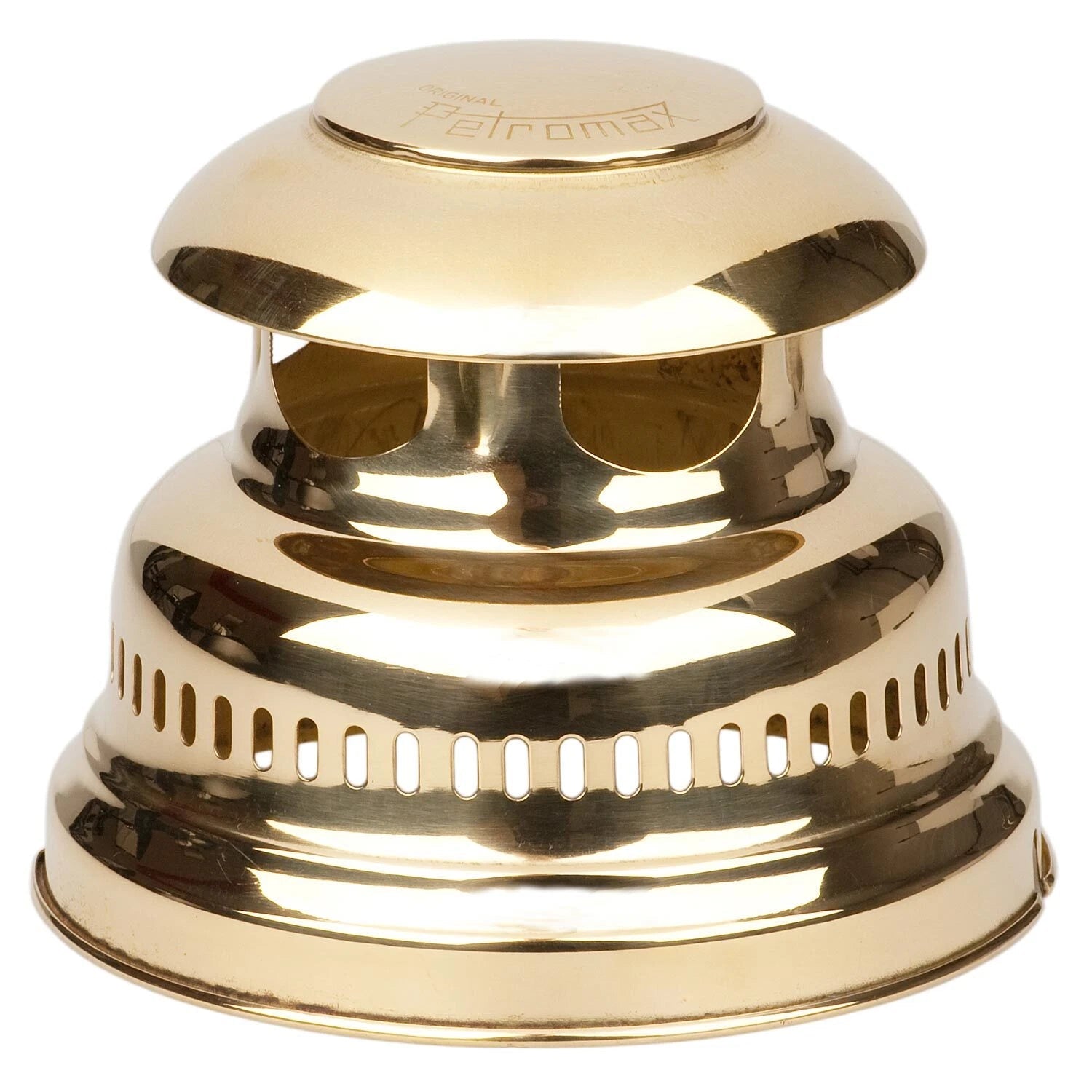 Polierte Messing-Haube für Petromax Petroleumlampe mit Lüftungsschlitzen und glänzender Oberfläche.