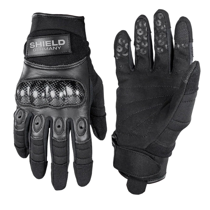 Schwarze SHIELD Tactical Carbon Einsatzhandschuhe mit Carbon-Knöchelschutz und verstärkten Fingerpolstern, gepolstertes.