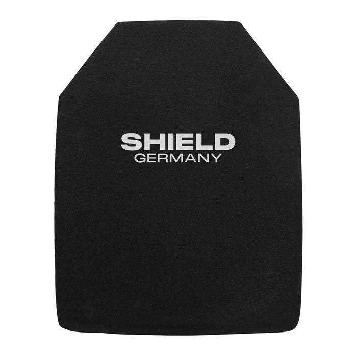 Schwarze, multizweise kugelsichere Schutzplatte mit abgeschrägten Ecken und weißem SHIELD GERMANY Logo in der Mitte.