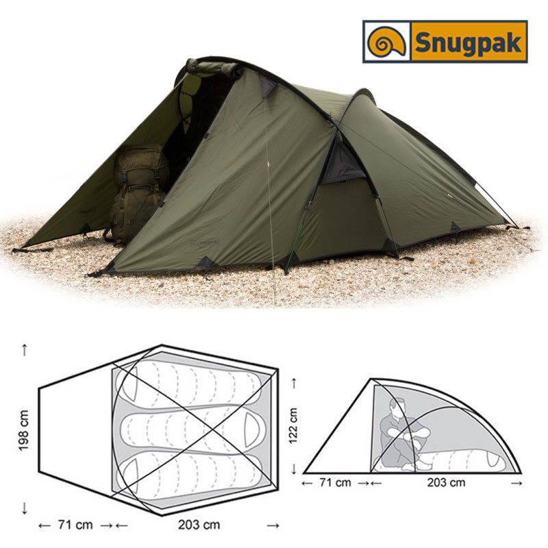Snugpak Scorpion 3 – Zeltansicht und Platzschema für drei Personen