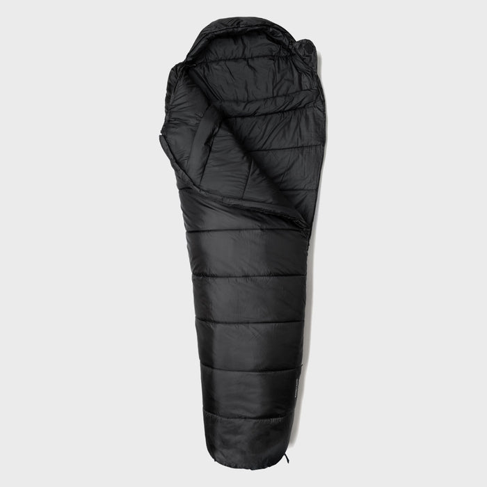 Snugpak Sleeper Expedition Schlafsack in Schwarz – geöffnet mit Wärmekragen