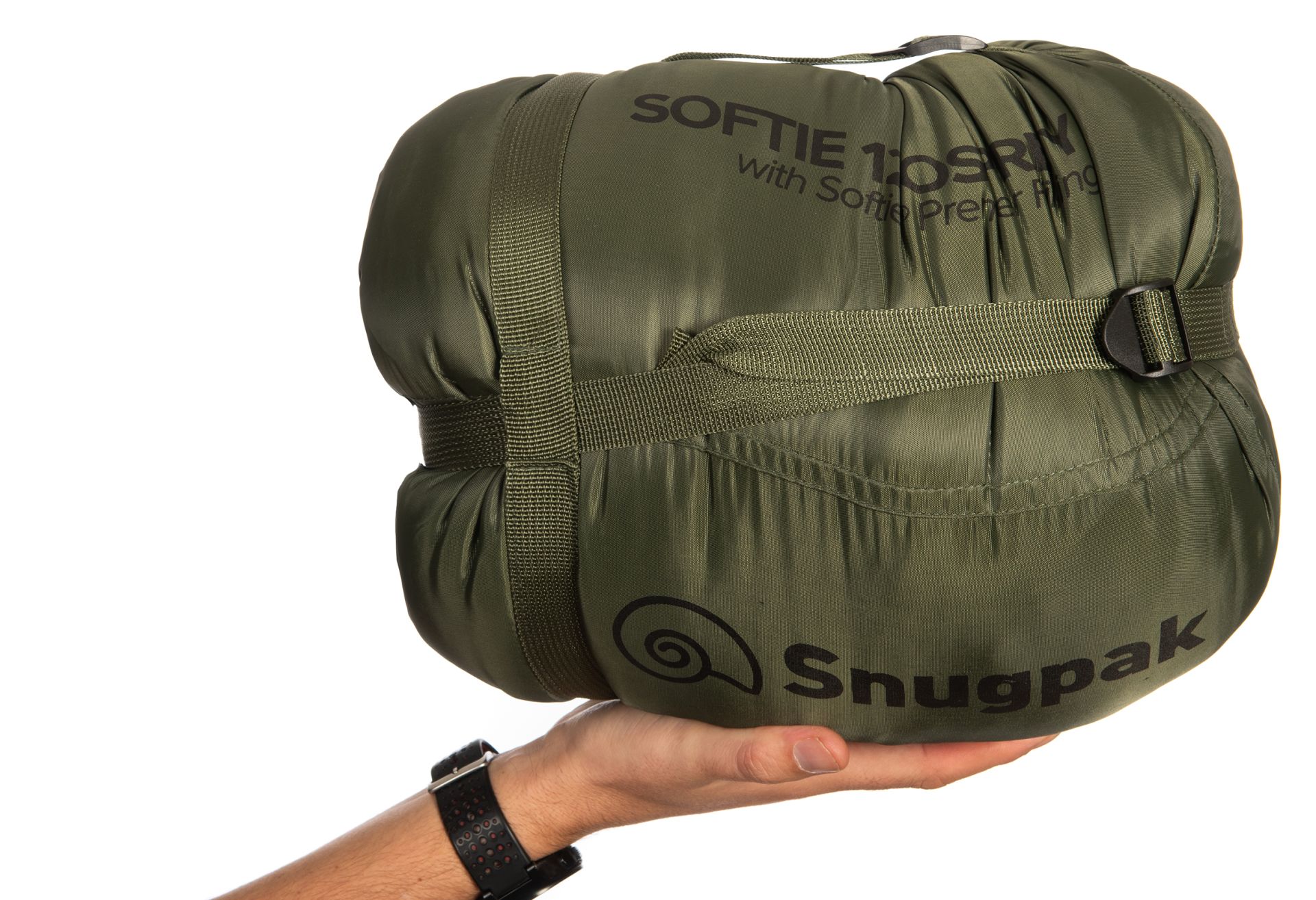 Snugpak Softie 12 WGTE Short in Oliv komprimiert im Packsack