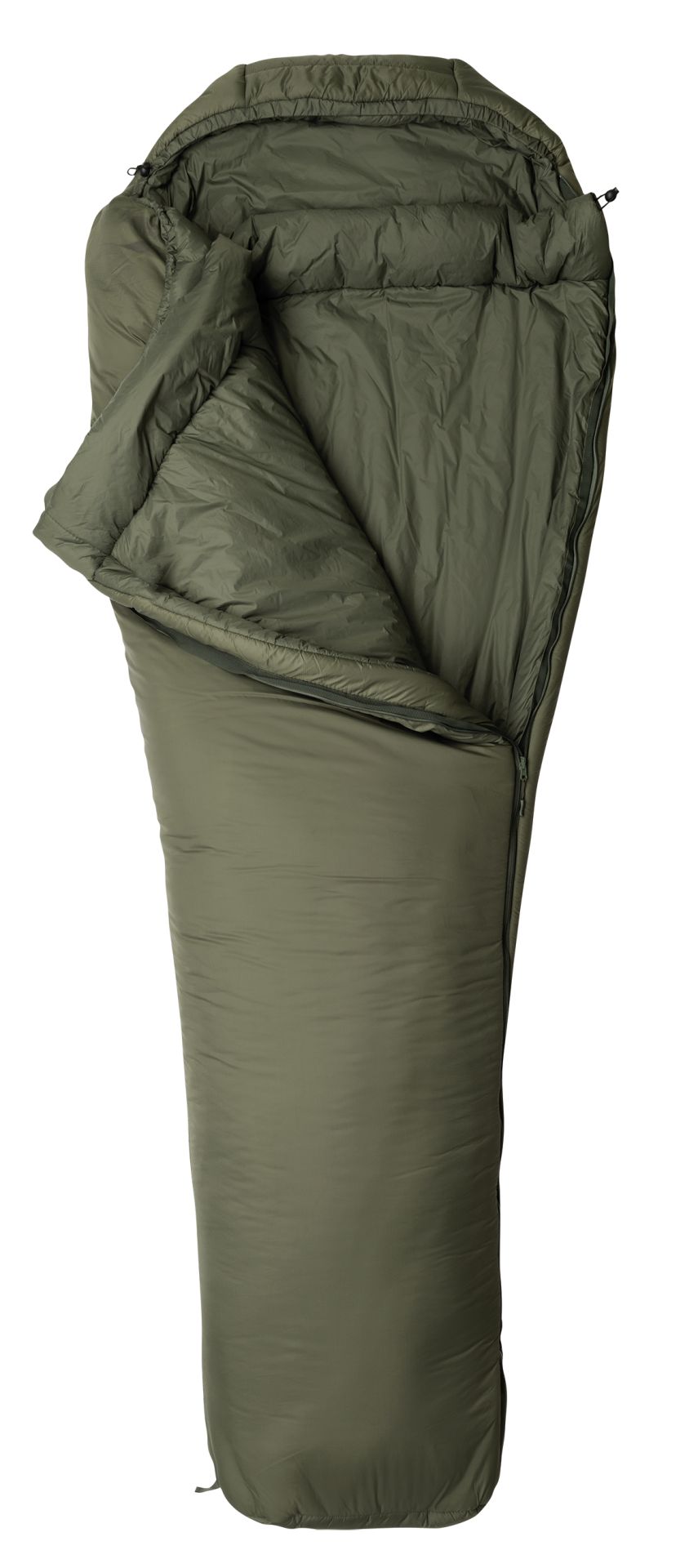 Snugpak Softie 15 Discovery XL in Oliv geöffnet mit sichtbarer Kapuze und Innenfutter