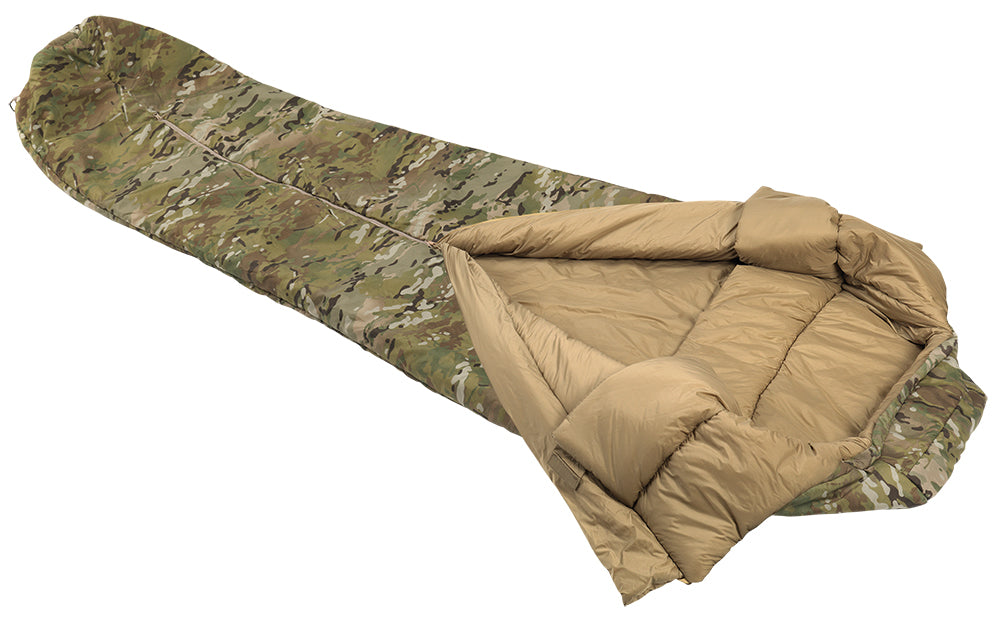 Snugpak Special Forces 1 Multicam Schlafsack geöffnet mit sandfarbenem Innenfutter