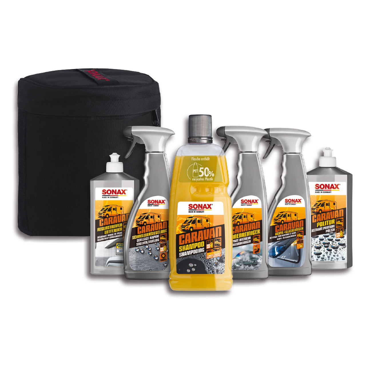SONAX CARAVAN Aktionsset 07008410 – sechs Pflegeprodukte mit schwarzer Aufbewahrungstasche