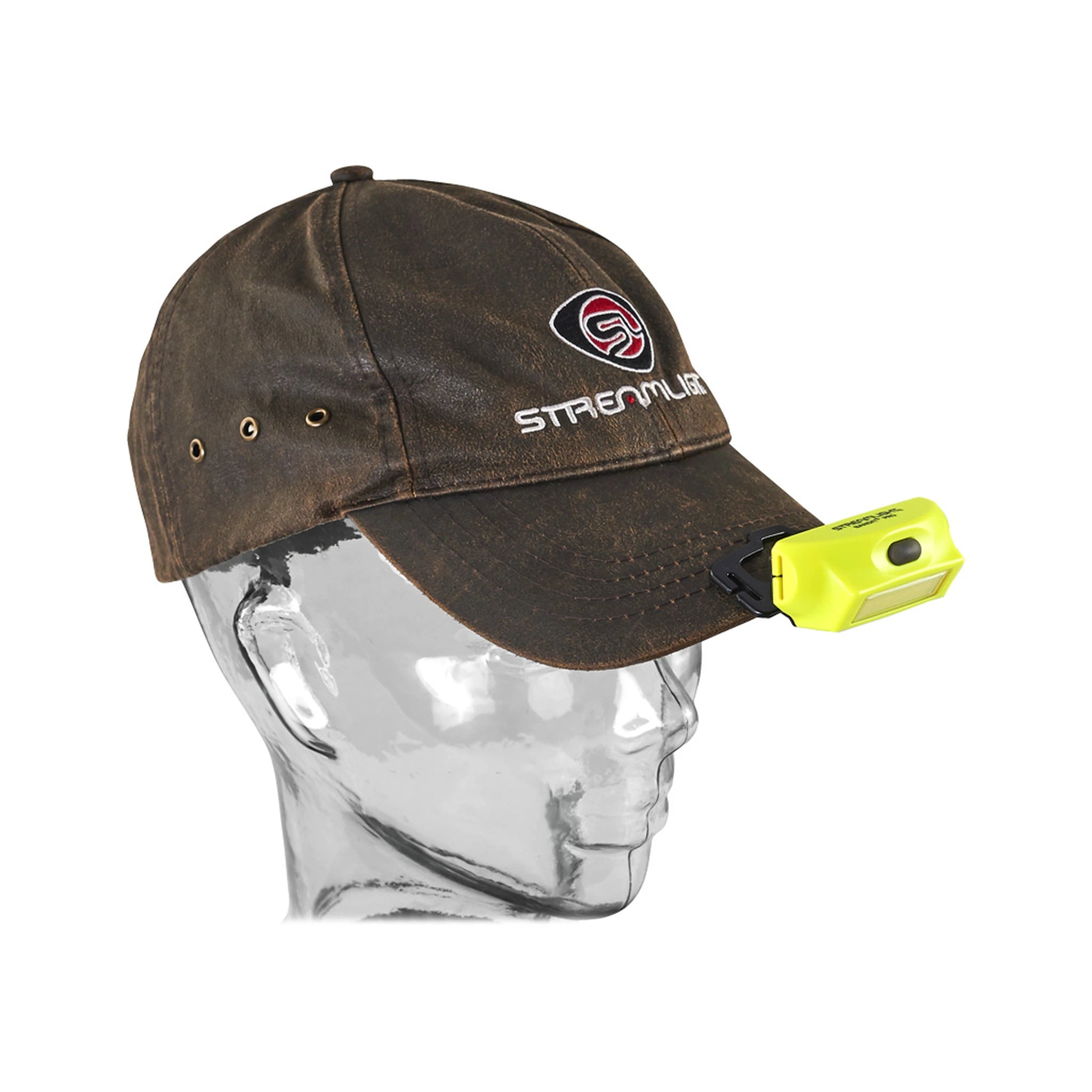 Streamlight Bandit Pro Stirnlampe in Gelb mit Clip am Schirm einer Kappe, Anwendungsansicht