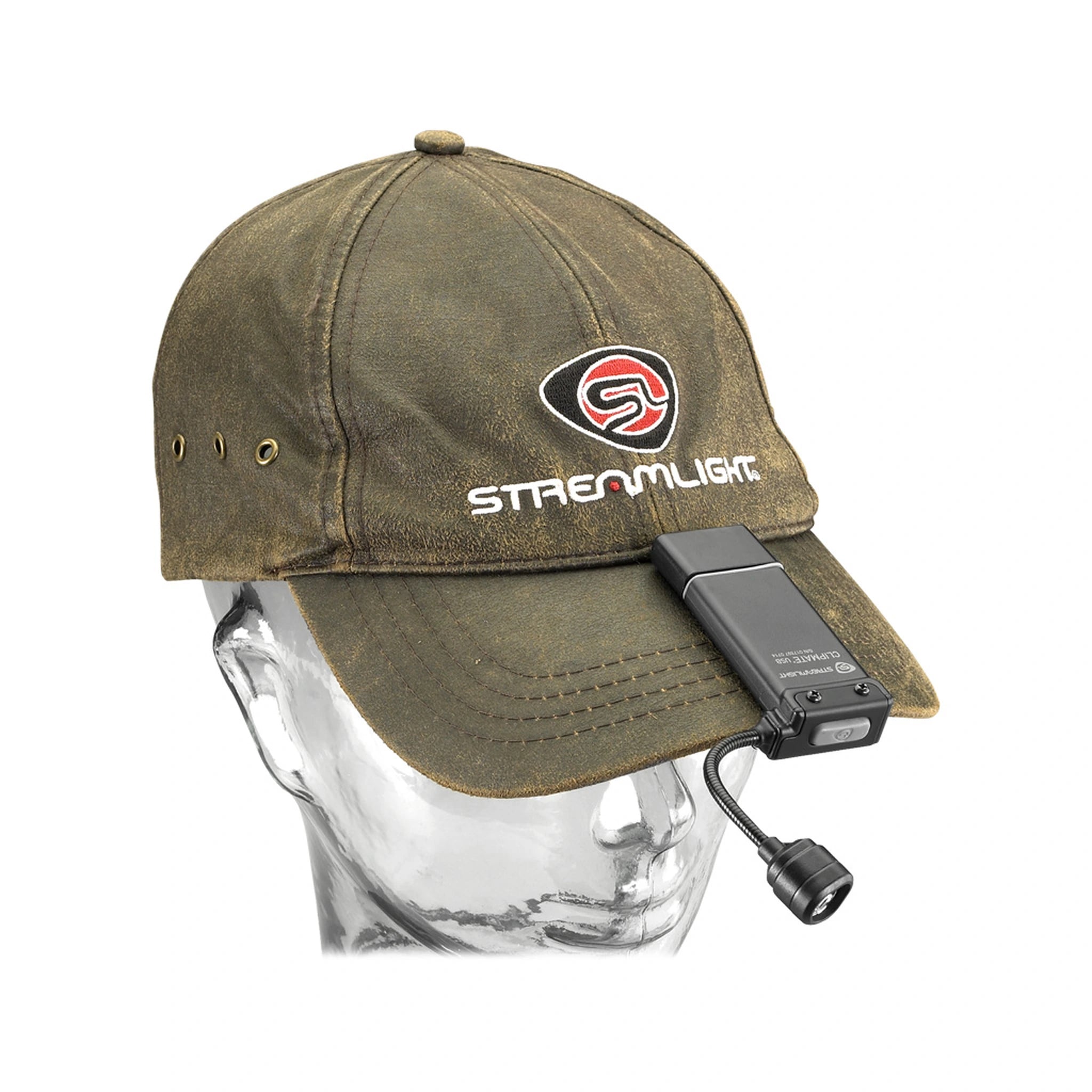 Streamlight ClipMate USB am Schirm einer Kappe, Kappe nicht enthalten
