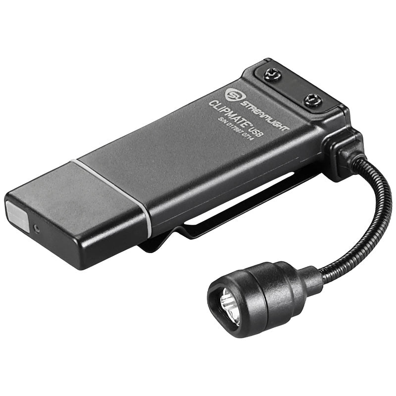 Streamlight ClipMate USB in Schwarz mit LED-Kopf an der flexiblen Verbindung, Hauptansicht