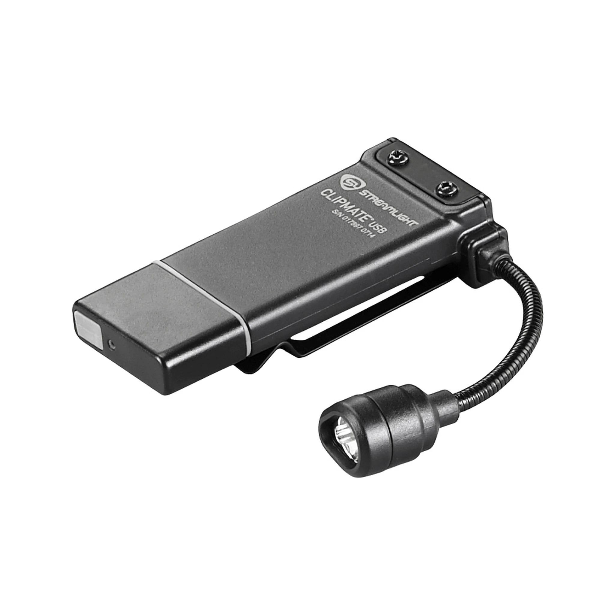 Streamlight ClipMate USB in Schwarz mit LED-Kopf an der flexiblen Verbindung, Hauptansicht