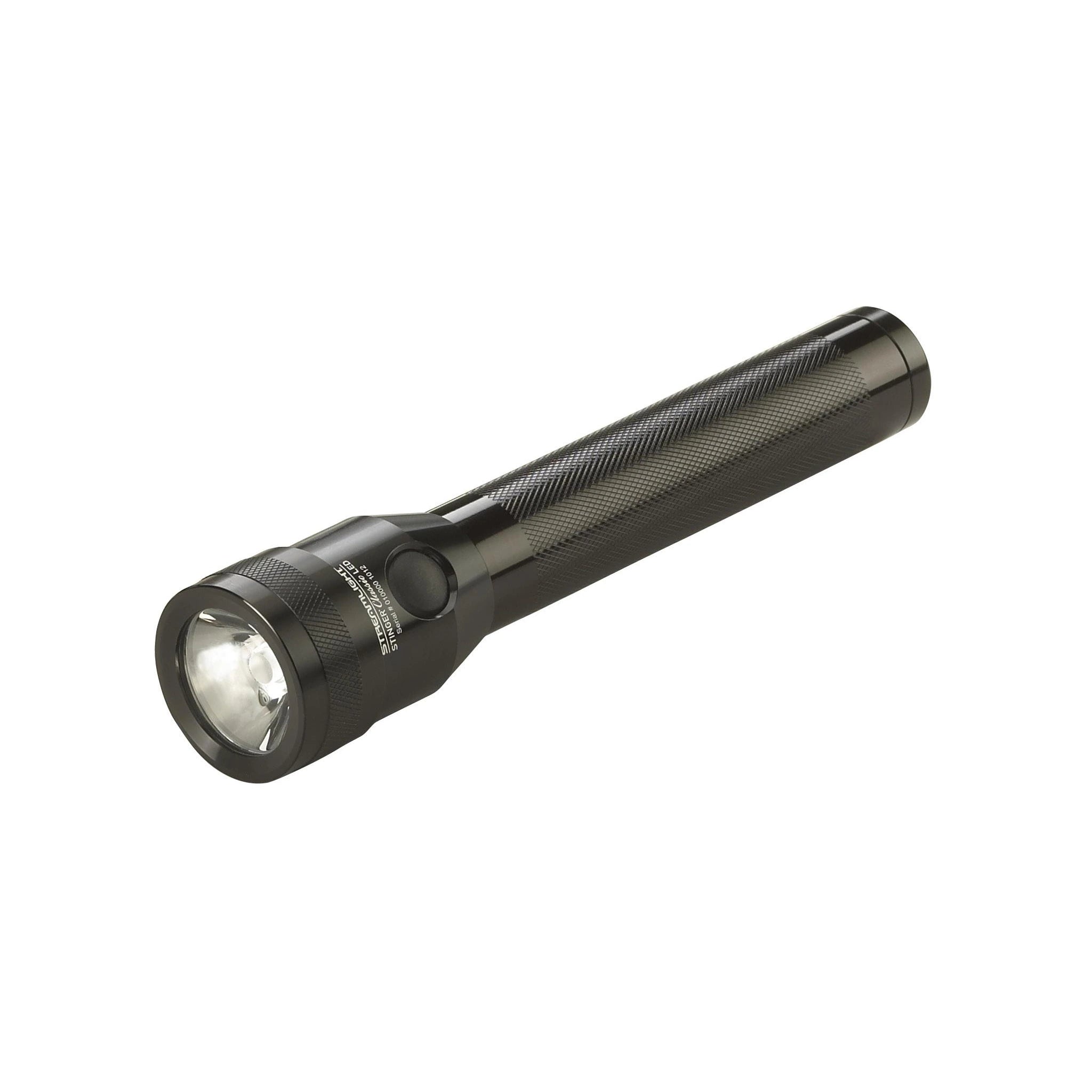Streamlight Stinger Classic LED Taschenlampe in schwarzer Ausführung, schräge Ansicht mit Schalter am Lampenkopf