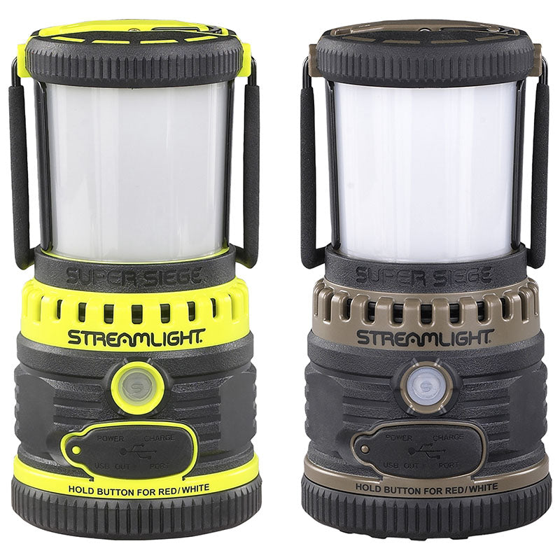 Streamlight Super Siege im Farbvergleich Gelb und Coyote – angeboten wird eine Laterne in Coyote