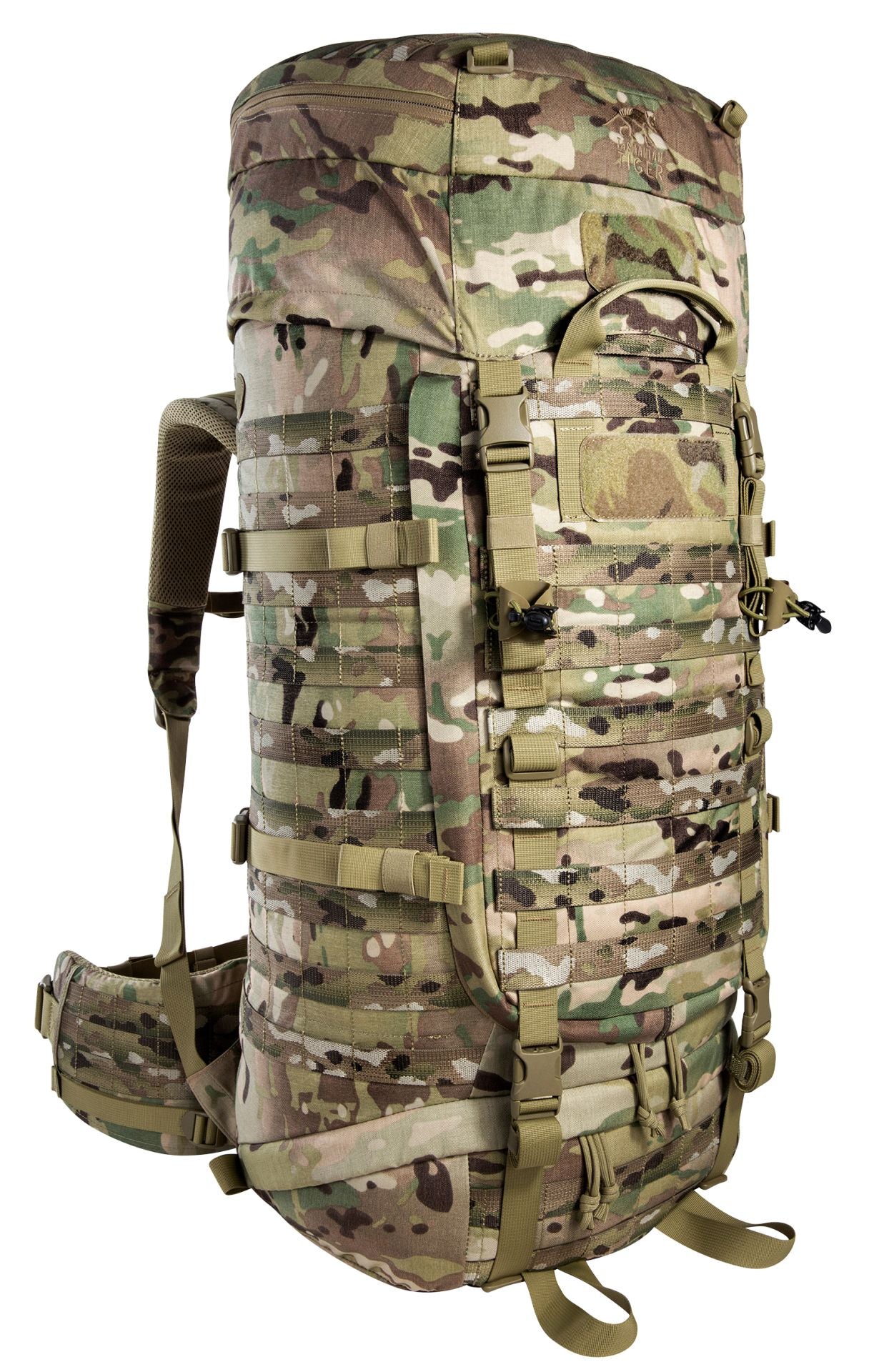 Tasmanian Tiger Base Pack 60 FO MultiCam in schräger Front- und Seitenansicht mit MOLLE und Kompressionsriemen