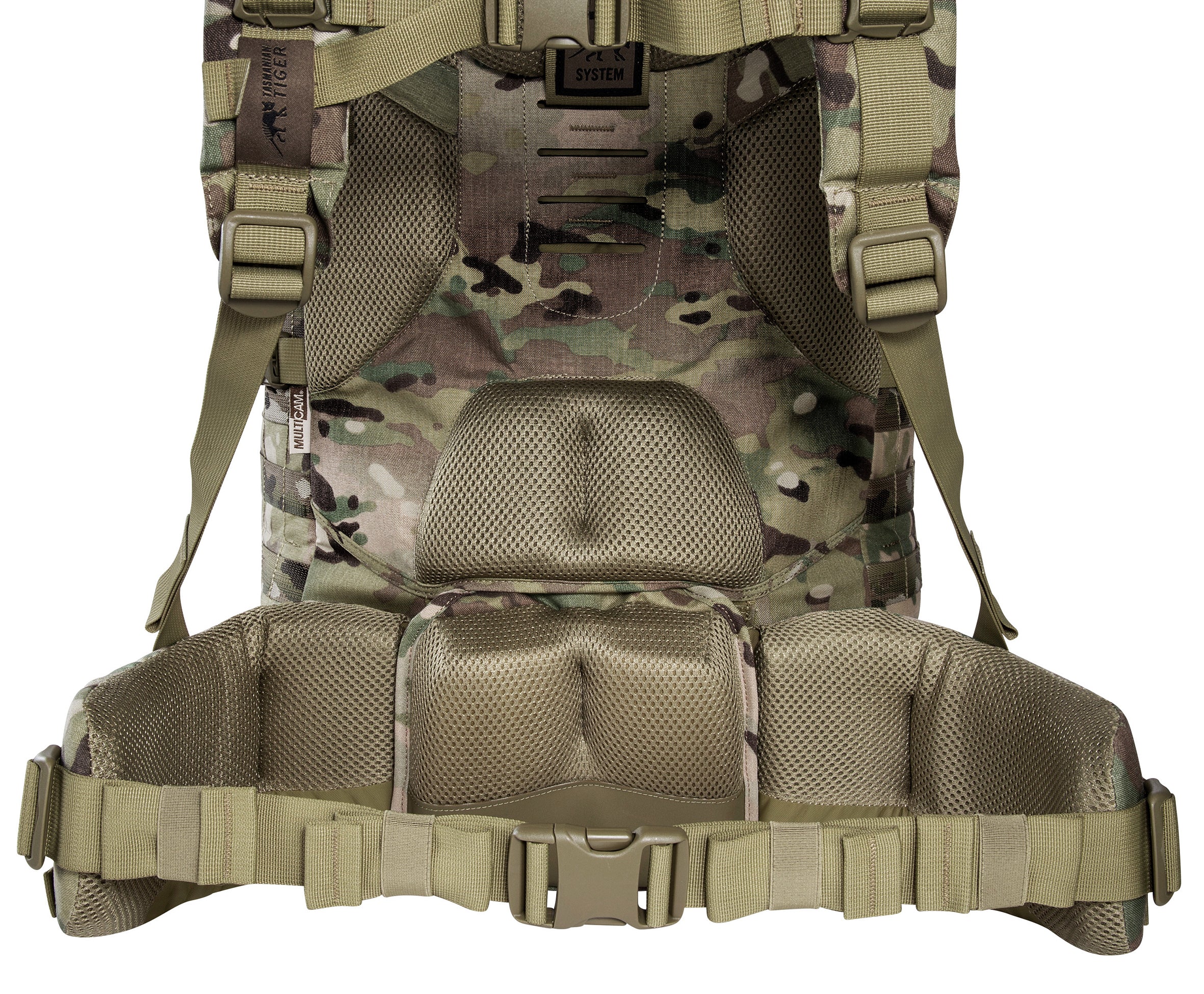 V2 Plus-Tragesystem und abnehmbarer Hüftgurt am Tasmanian Tiger Base Pack 60 FO MultiCam