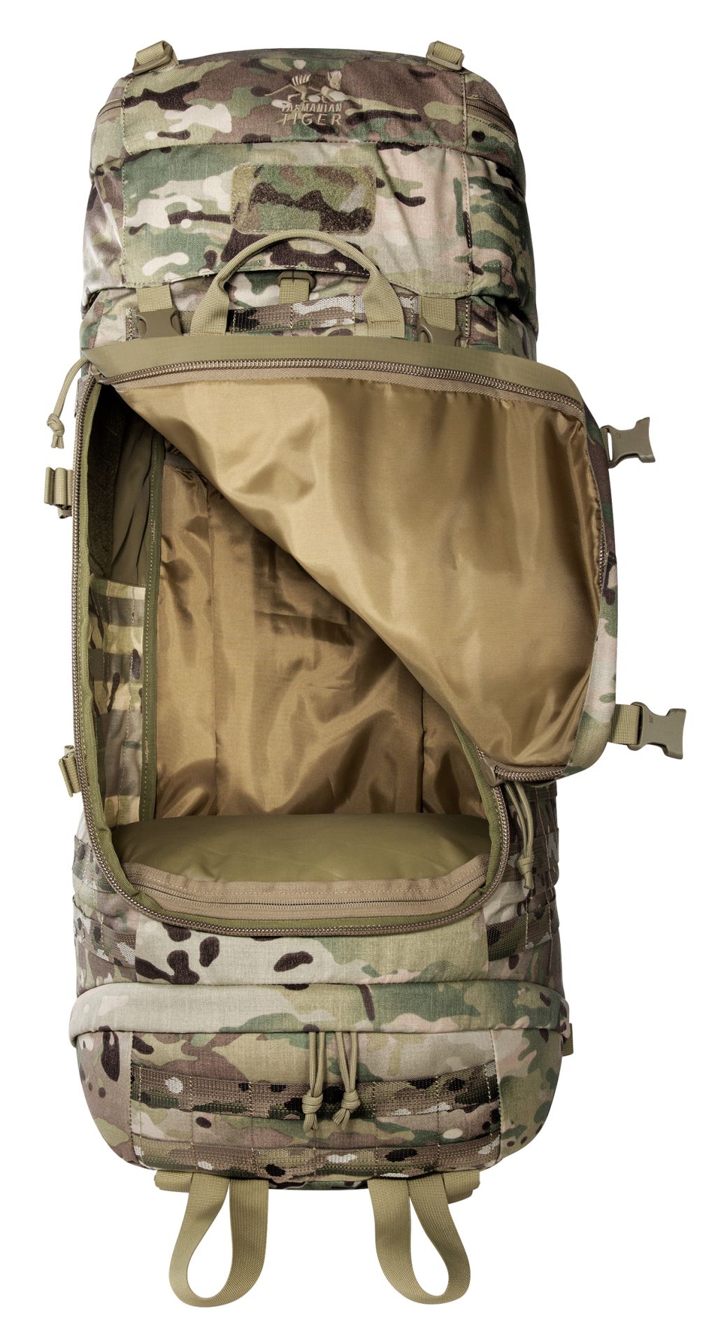 Tasmanian Tiger Base Pack 60 FO MultiCam mit vollständig geöffneter Front und Blick ins Hauptfach