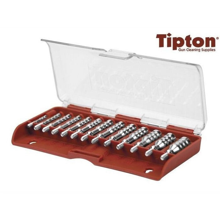 TIPTON Ultra Jag Set 500012 mit 13 Kaliber-Patchhaltern im geöffneten Etui