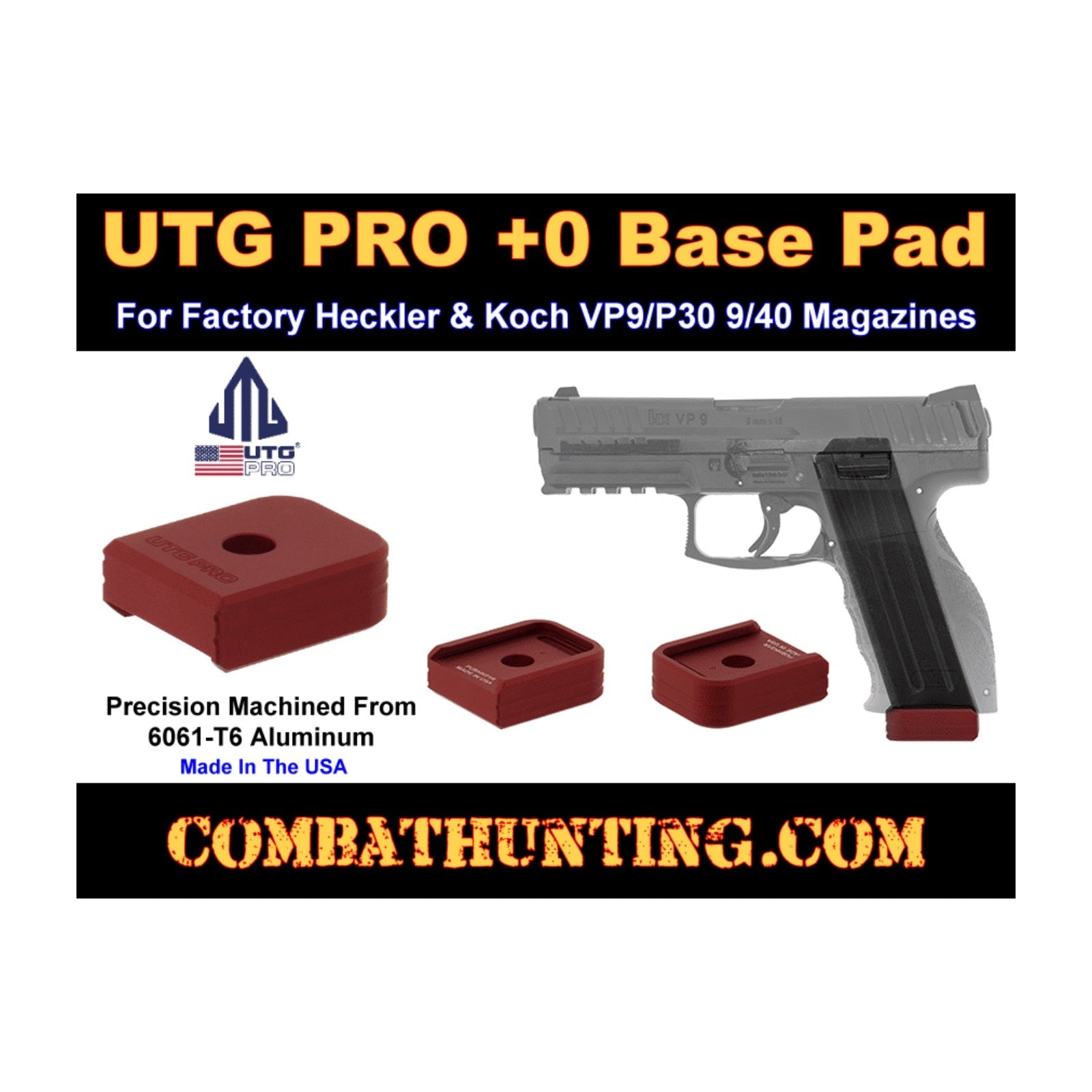 UTG PRO PUBHK01R +0 Base Pad HK VP9/P30 9/40 Matte Red Aluminum