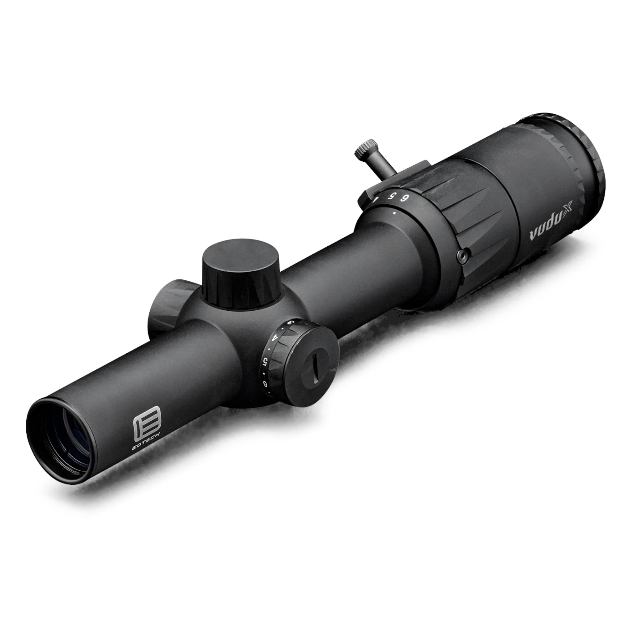 Schwarzes EOTECH VuduX 1-6x24 SFP Zielfernrohr mit beleuchteten Verstellrädern, kompakter Bauform und Picatinny-Montage,.