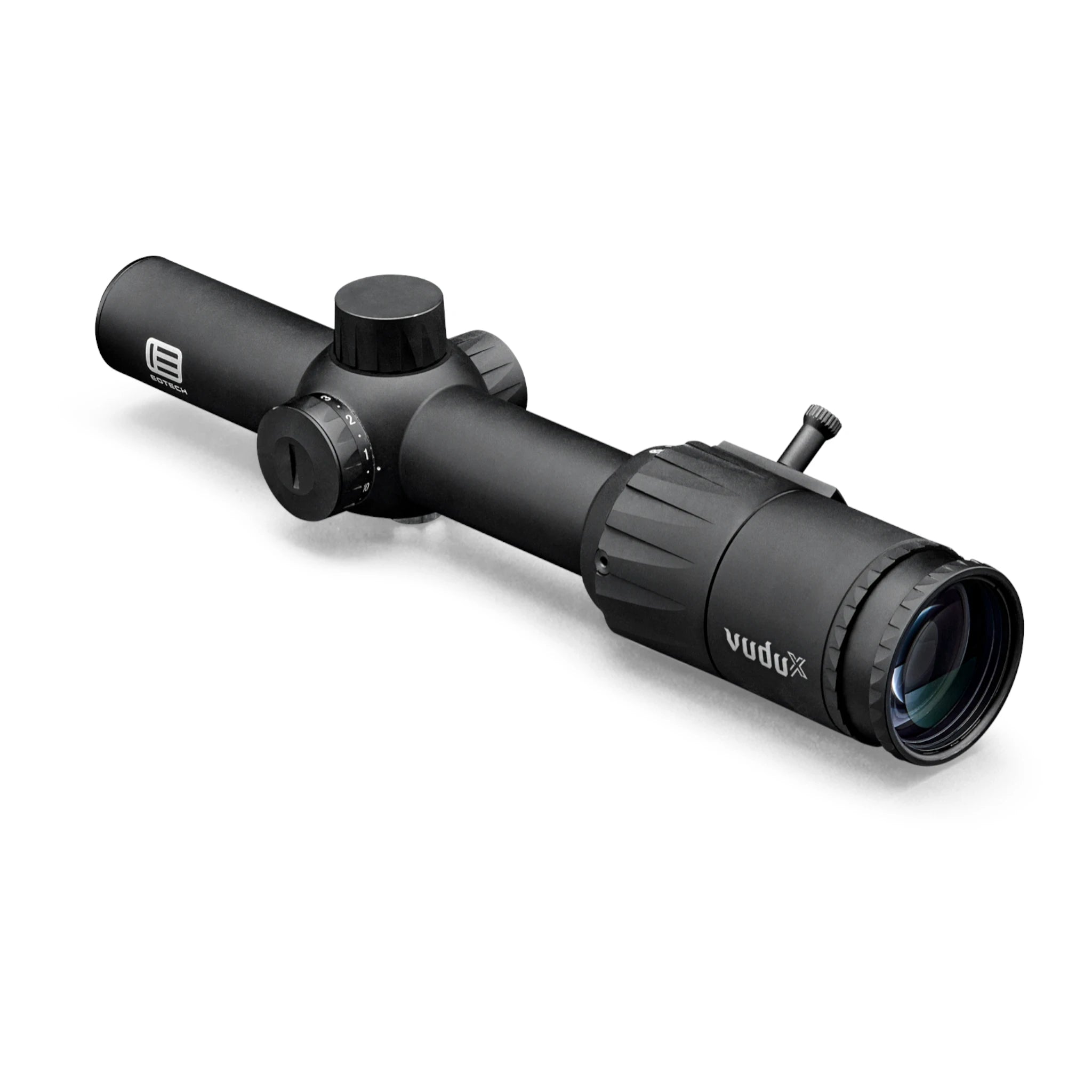 Schwarzes EOTECH VuduX 1-6x24 SFP Zielfernrohr mit seitlichem Verstellturm, beleuchteter Absehensteuerung und kompakter.