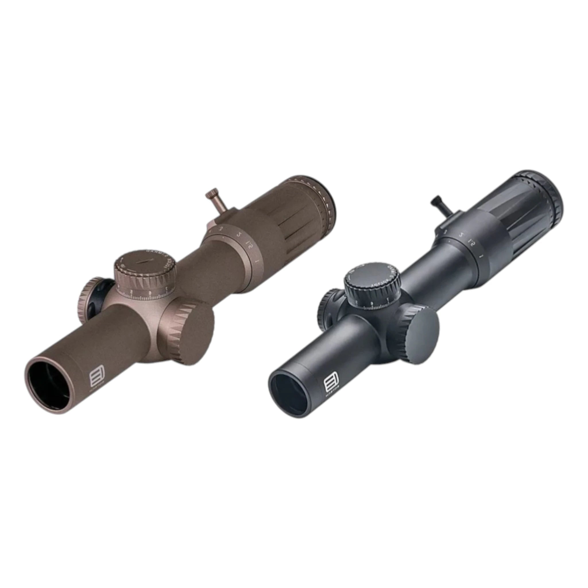 Zwei taktische Zielfernrohre EOTECH Vudu 1-10x28 FFP, eines in mattem Schwarz, eines in mattem Tan, beide mit beleuchtetem.