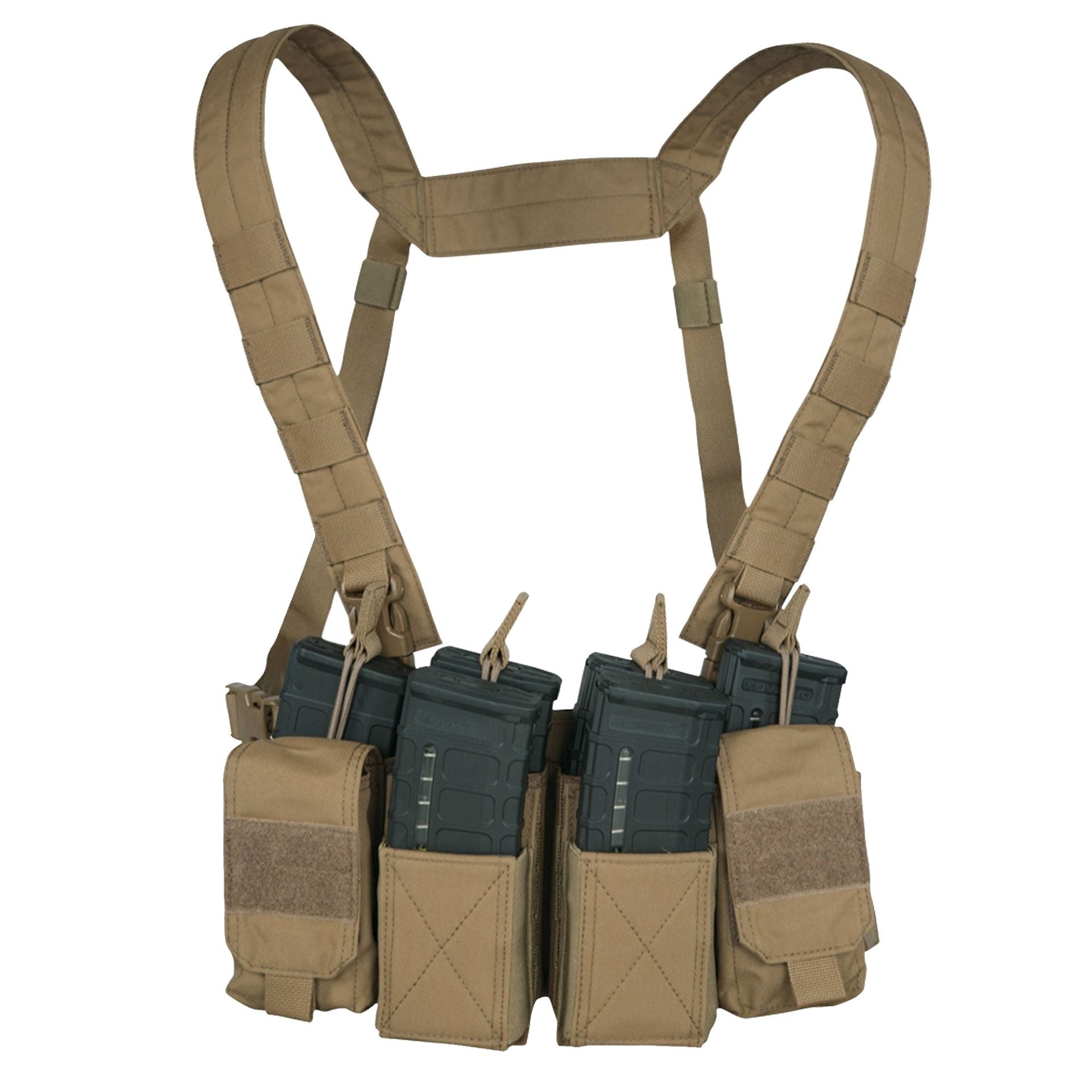 Warrior Pathfinder Chest Rig Coyote – Vorderansicht mit Tragegurten, Magazine nicht enthalten