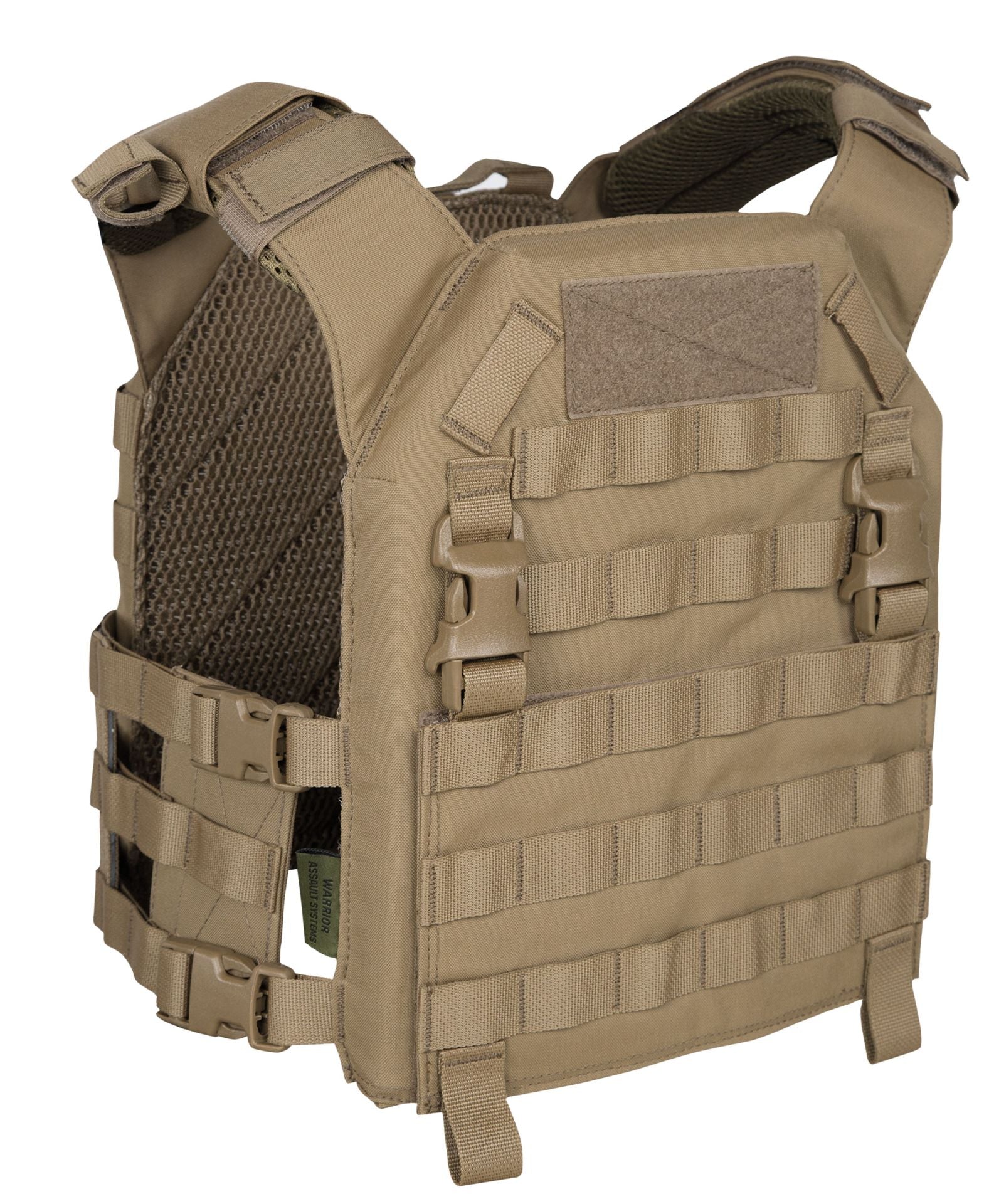 Warrior Recon Plate Carrier Coyote – Vorder- und Seitenansicht, Schutzplatten nicht enthalten