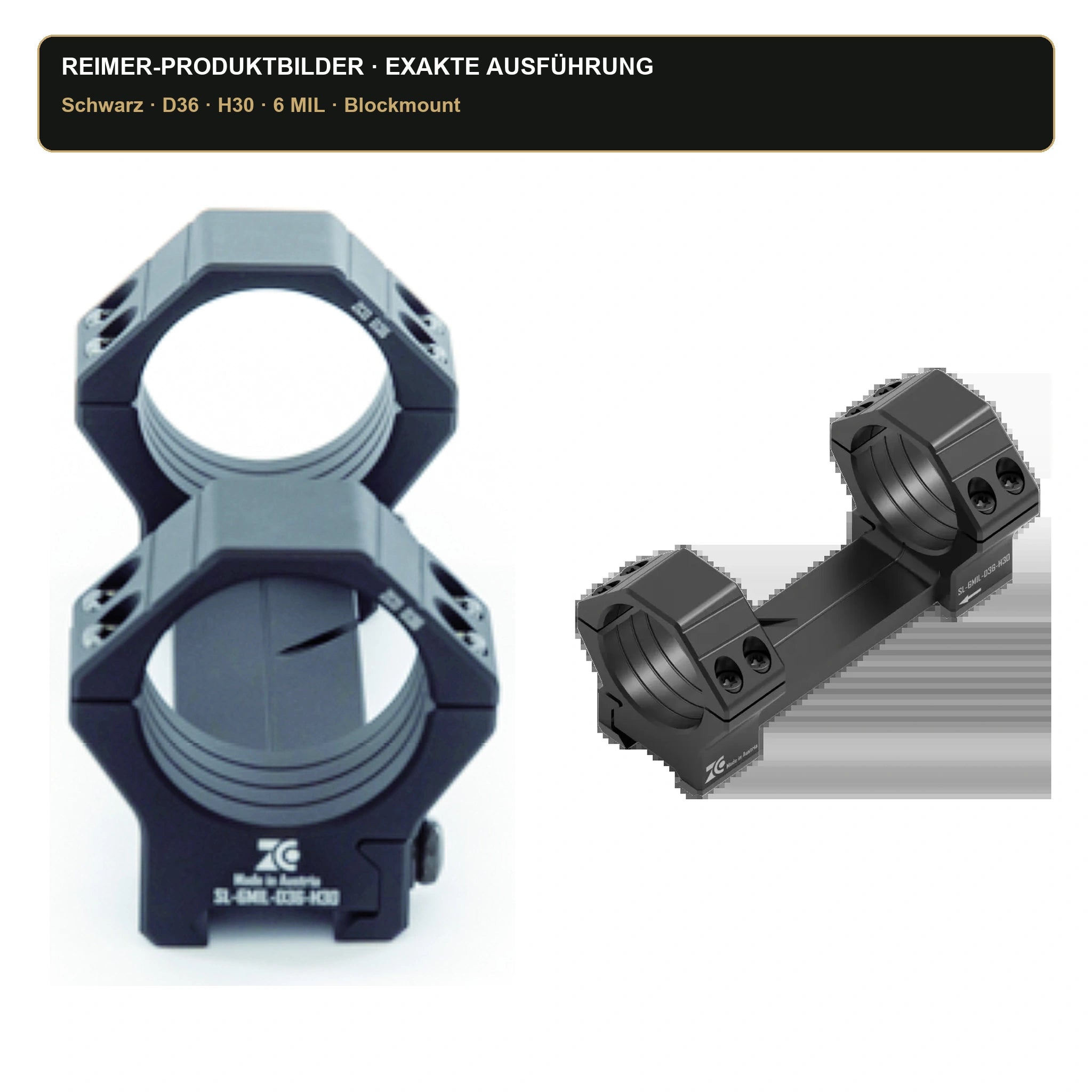 ZCO 400-0397 Slim-Line Blockmount Schwarz – Vorder- und Seitenansicht mit Gravur
