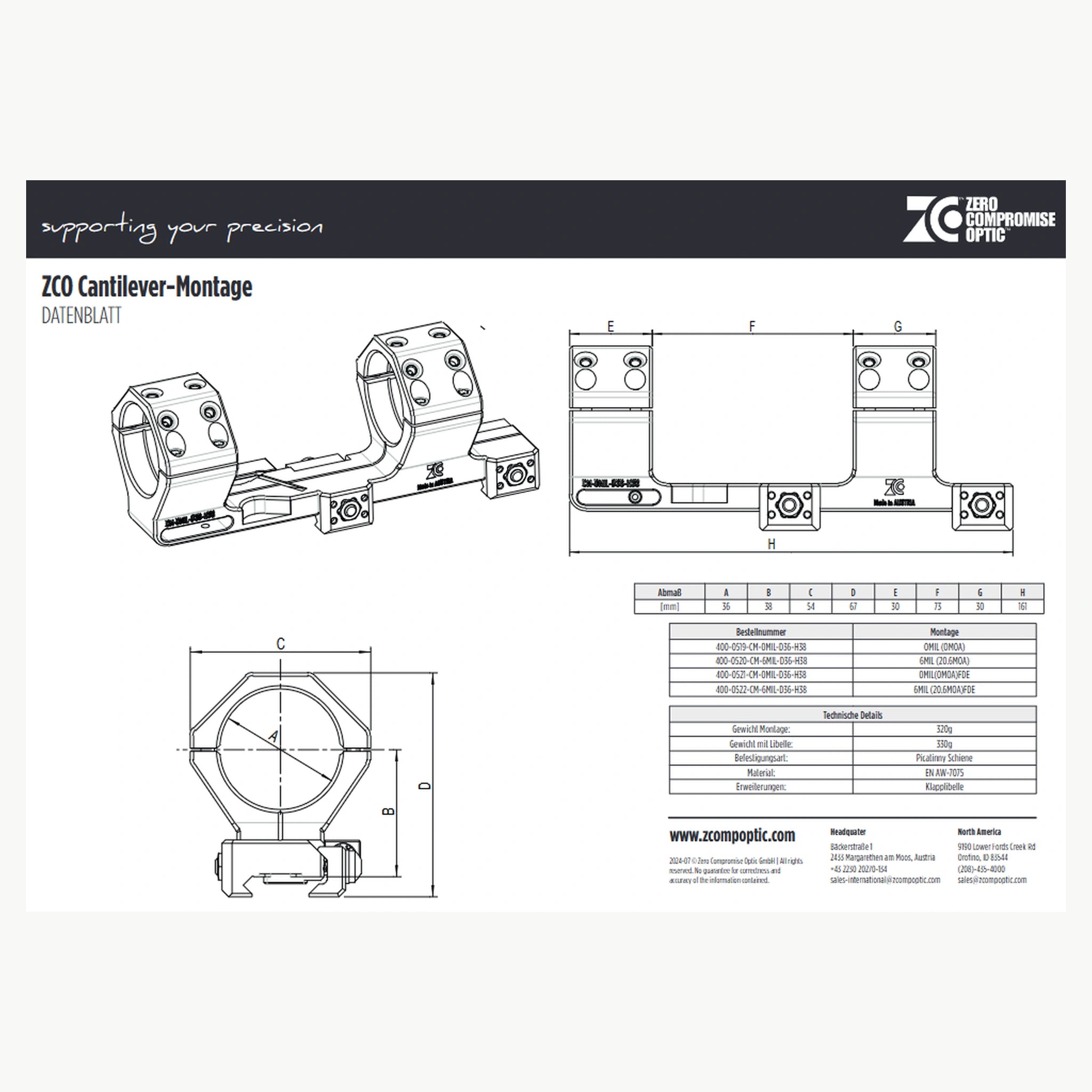 ZCO 400-0521 Cantilever – Reimer Datenblatt mit Bestellcode CM-0MIL-D36-H38-FDE, Abmessungen und Seriengewicht