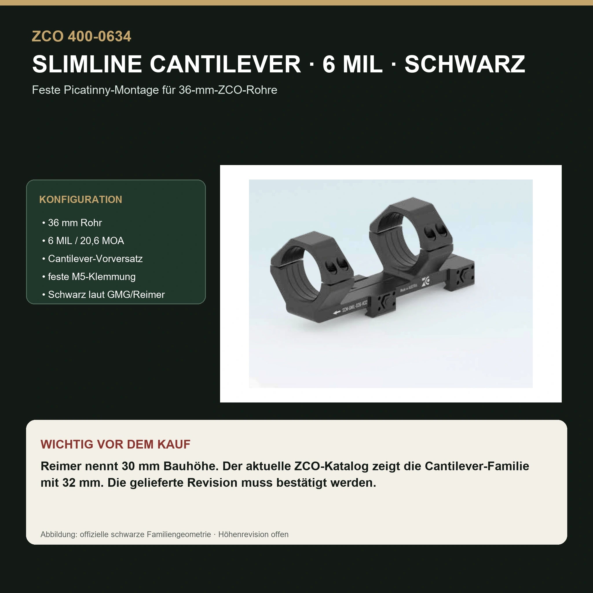 ZCO 400-0634 Slimline Cantilever 6 MIL Schwarz mit offen erklärtem H30-H32-Quellenkonflikt