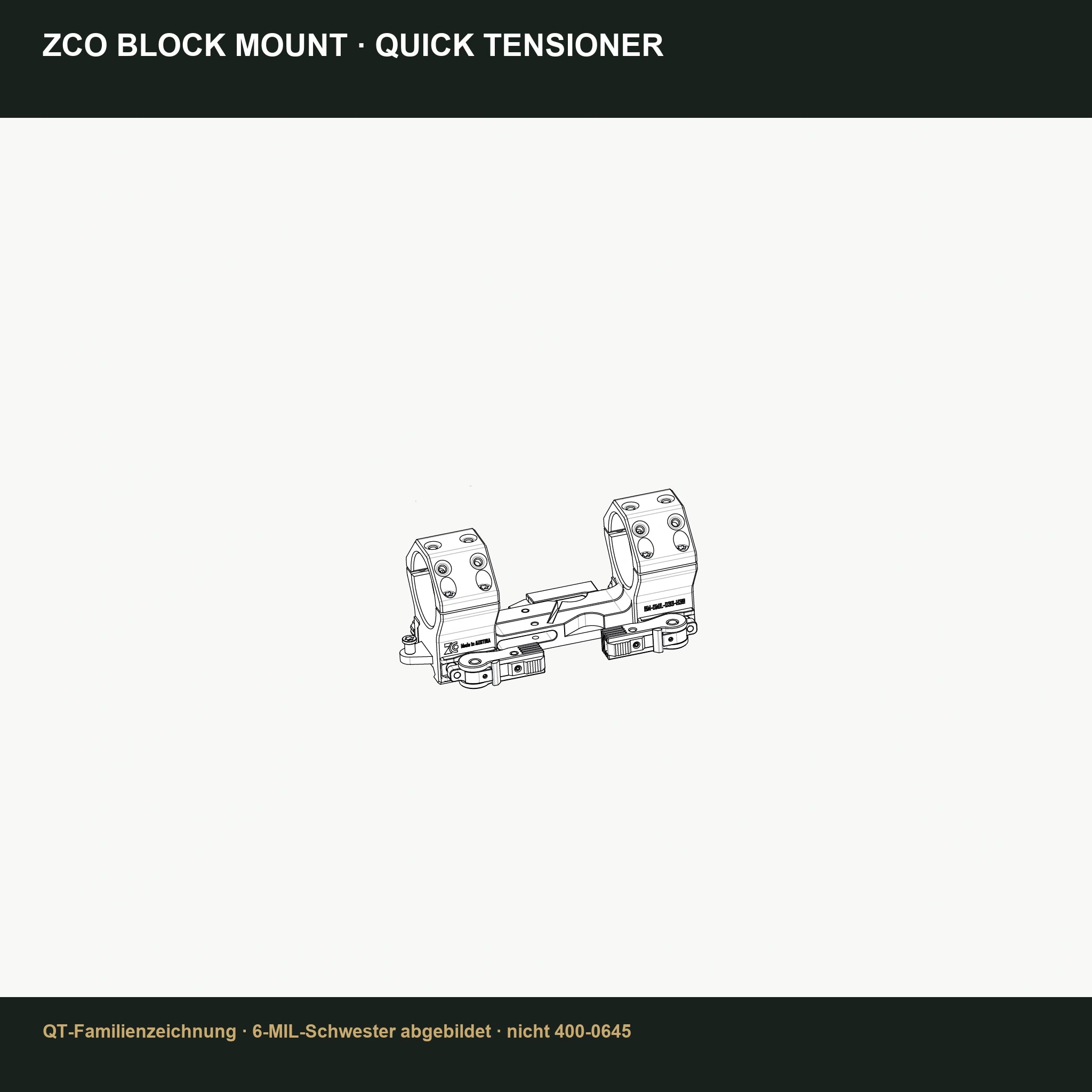ZCO Block Mount Quick Tensioner – Familienzeichnung der 6-MIL-Schwester, nicht die exakte 0-MIL-Variante 400-0645