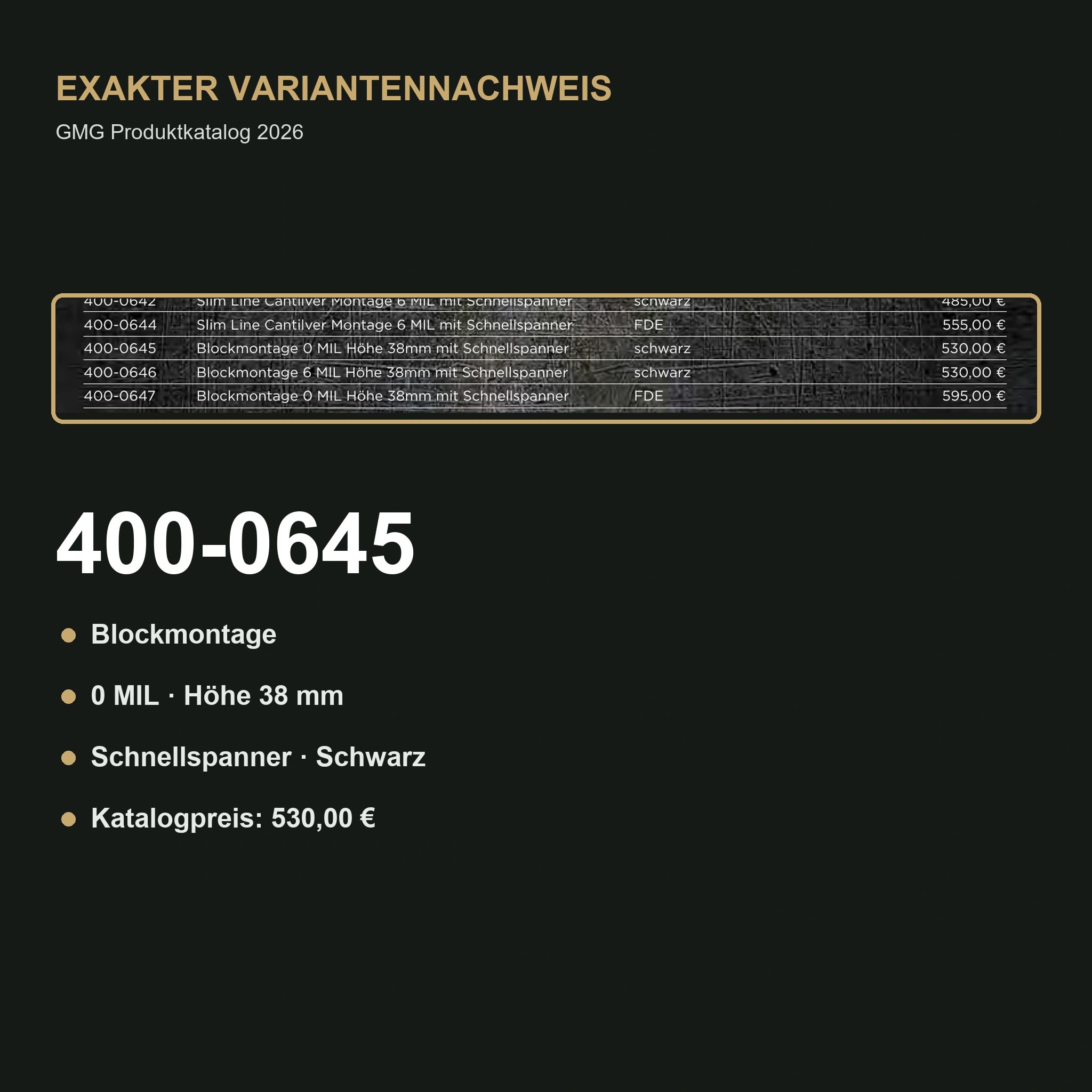 ZCO 400-0645 – Variantenbeleg Blockmontage 0 MIL Höhe 38 mm Schnellspanner Schwarz im GMG Katalog 2026