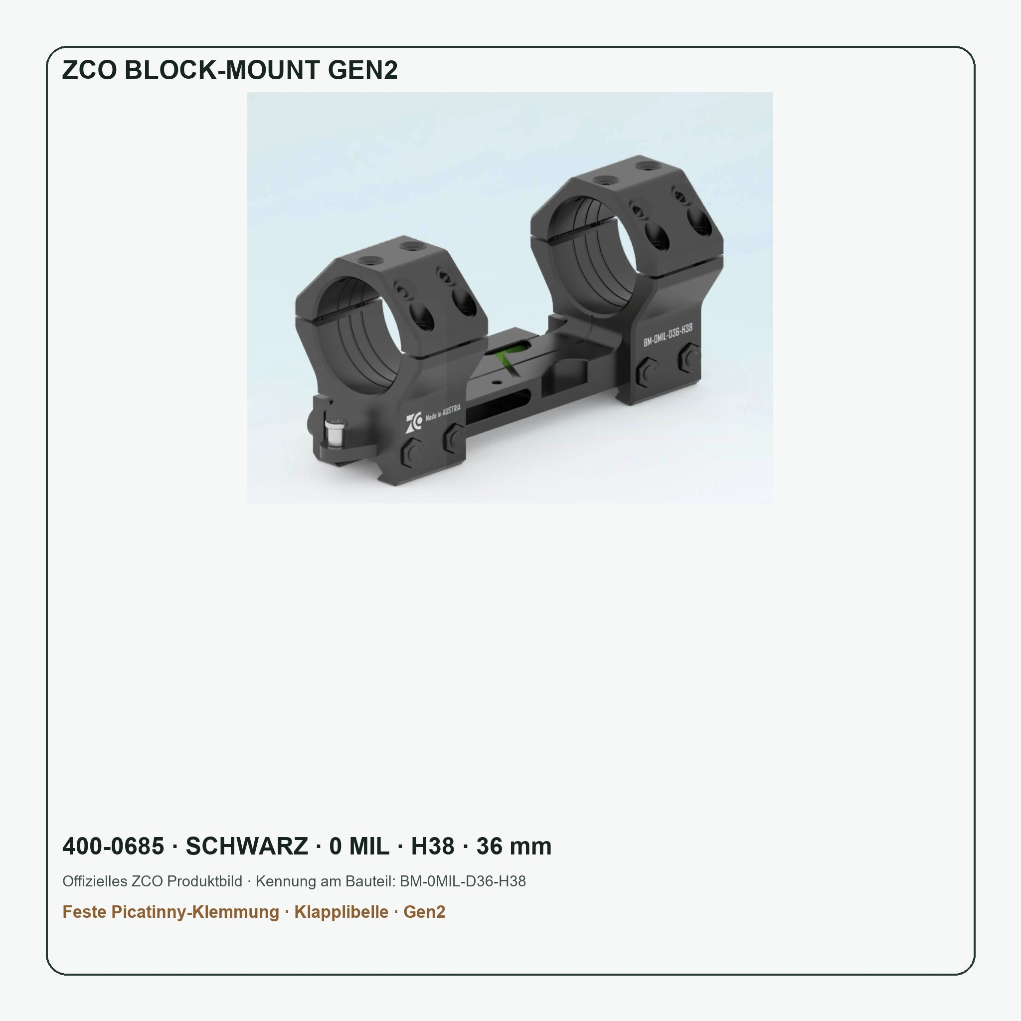 ZCO 400-0685 Block-Mount Gen2 Schwarz 0 MIL H38 – offizielles Produktbild