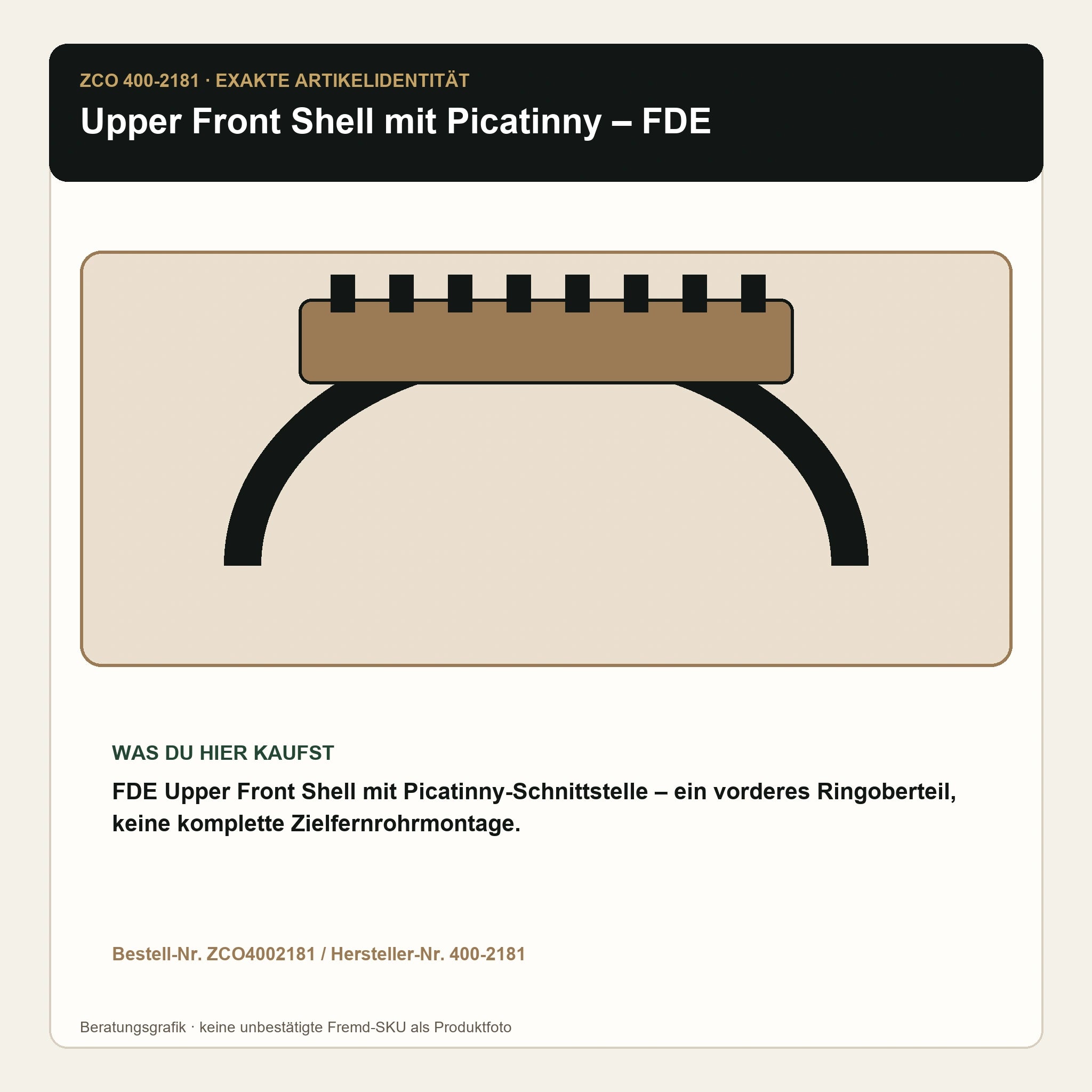 ZCO 400-2181 Upper Front Shell FDE – Artikelidentität und Lieferumfang