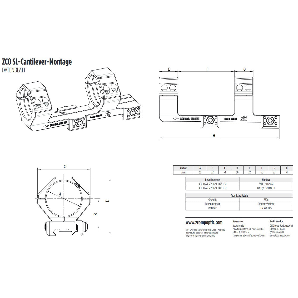 ZCO Slim-Line Cantilever 36 mm 6 MIL Schwarz 400-0634 – offizielles Datenblatt