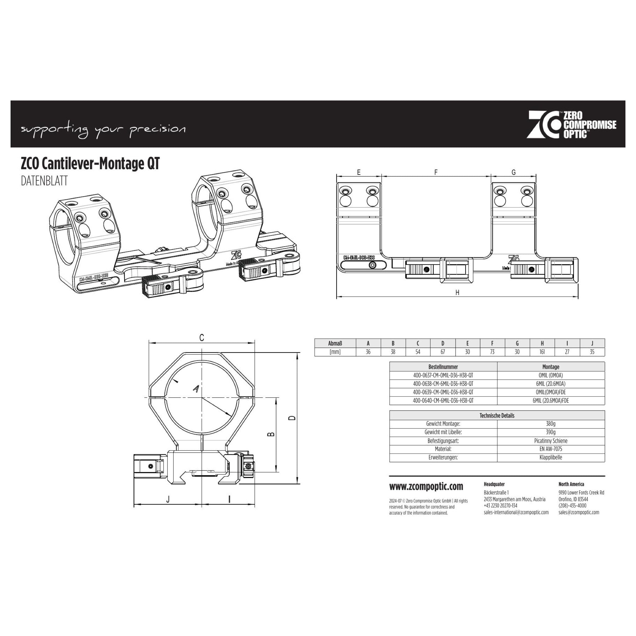 Offizielles ZCO Datenblatt Cantilever QT 400-0640, FDE, 36 mm, 6 MIL