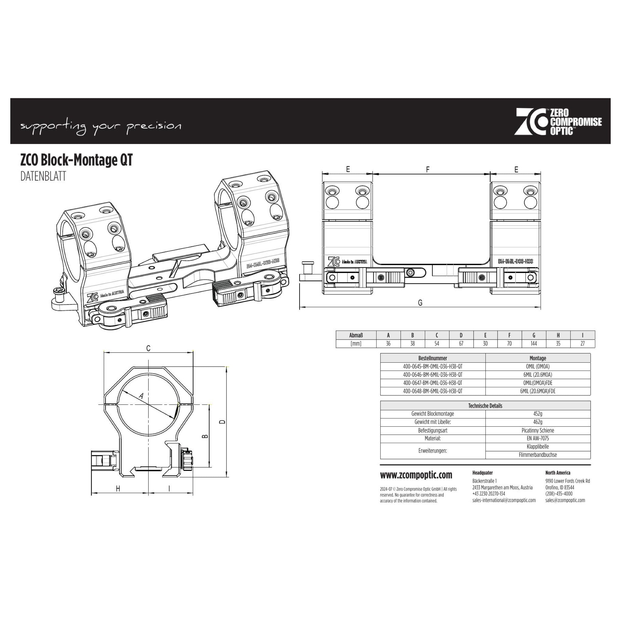 Offizielles ZCO Datenblatt Block Mount QT 400-0647, FDE, 36 mm, 0 MIL
