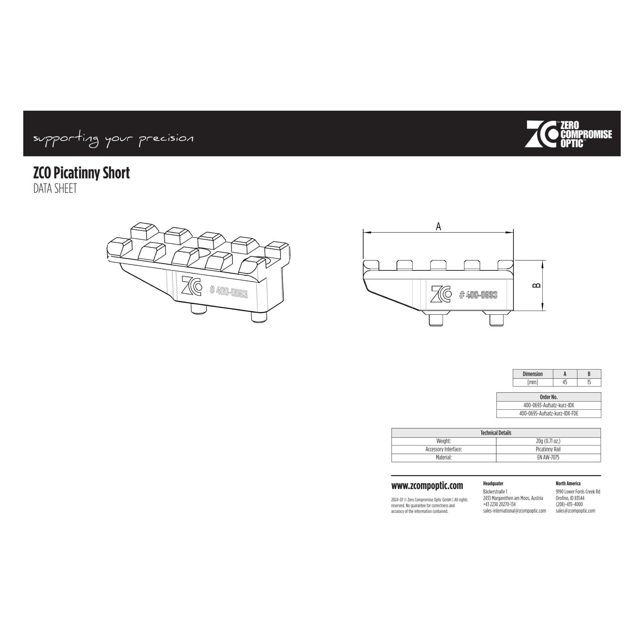Offizielle ZCO-Zeichnung Picatinny Short für 400-0693 und 400-0695; Bestellvariante 400-0695 FDE