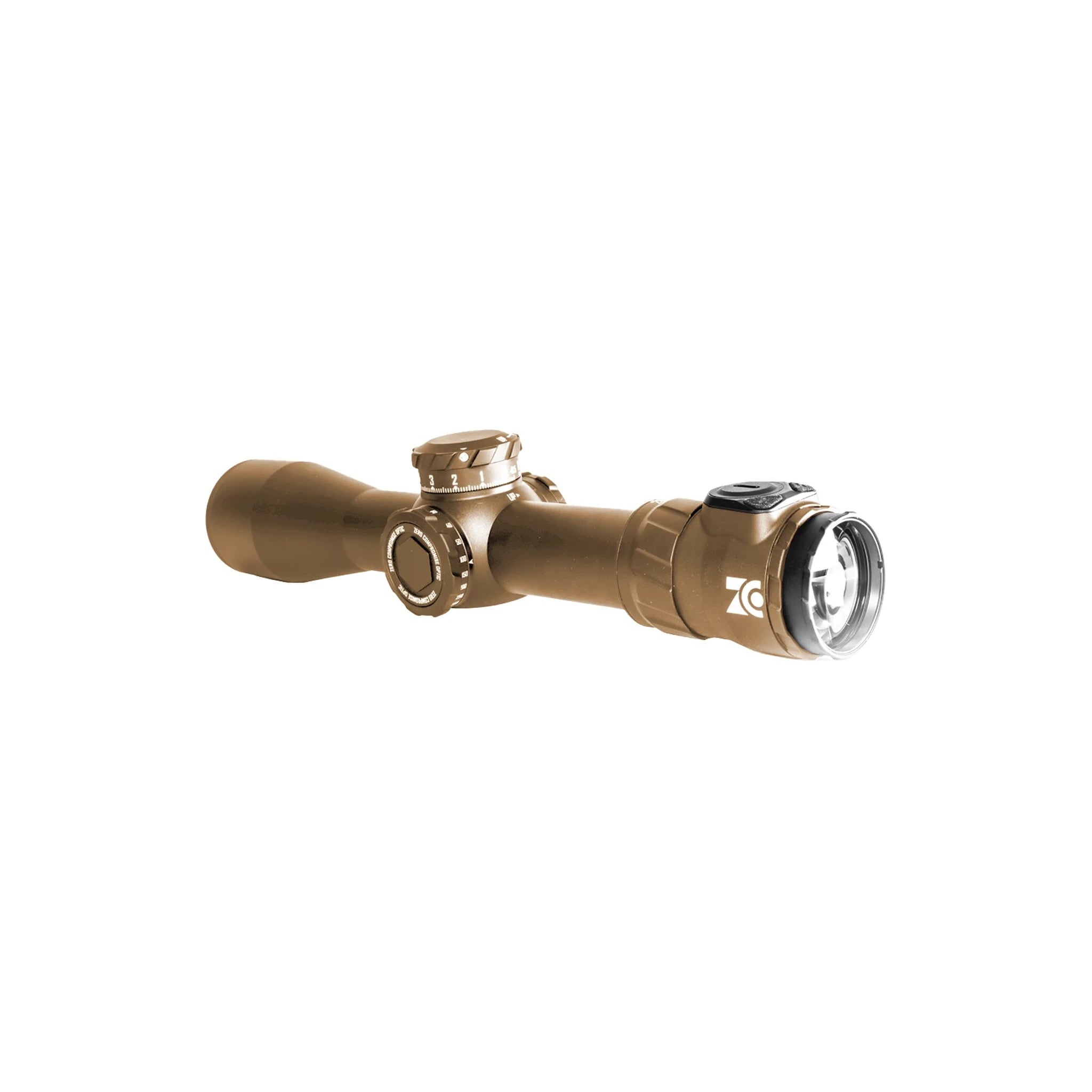 Zero Compromise Optic ZC420H 4–20x50 Zielfernrohr in FDE, schräge Objektivansicht