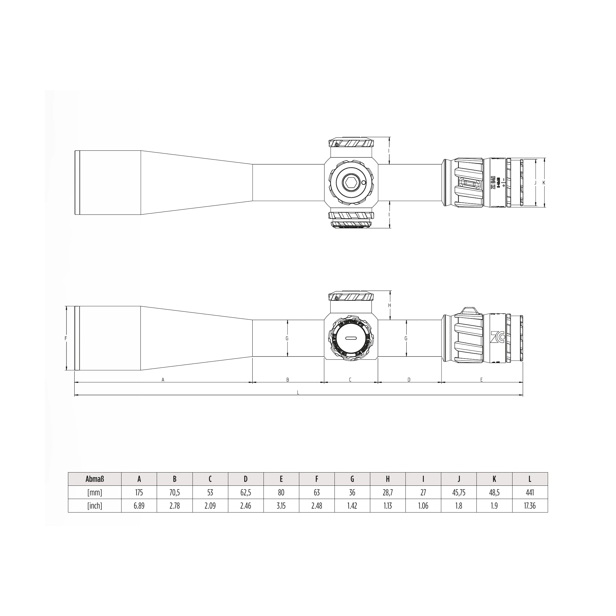 Zero Compromise Optic ZC840 – offizielle Maßzeichnung mit Abmessungen